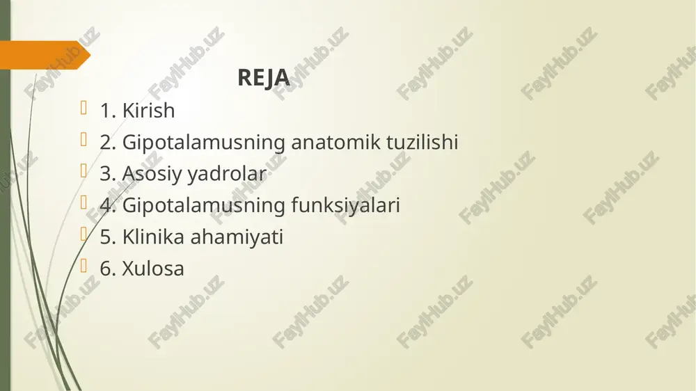 dro (vmh) supraoptik yadro (son) u mazkur yadro organizmning metabolik holatini tartibga solishda ishtirok etadi. shuningdek, ovqatlanish, stressga javob, gormonlar sekretsiyasi va vegetativ funksiyalarni nazorat qiladi. yadro faoliyatidagi buzilishlar semirish, anoreksiya, endokrin kasalliklar, vegetativ disfunksiya kabi holatlarga olib kelishi mumkin. lateral gipotalamus (lh) u mazkur yadro organizmning metabolik holatini tartibga solishda ishtirok etadi. shuningdek, ovqatlanish, stressga javob, gormonlar sekretsiyasi va vegetativ funksiyalarni nazorat qiladi. yadro faoliyatidagi buzilishlar semirish, anoreksiya, endokrin kasalliklar, vegetativ disfunksiya kabi holatlarga olib kelishi mumkin. u mazkur yadro organizmning metabolik holatini tartibga solishda ishtirok etadi. shuningdek, ovqatlanish, stressga javob, gormonlar sekretsiyasi va vegetativ funksiyalarni nazorat qiladi. yadro faoliyatidagi buzilishlar semirish, anoreksiya, endokrin kasalliklar, vegetativ disfunksiya kabi holatlarga olib kelishi mumkin. preoptik zona dorsomedial yadro (dmh) u mazkur yadro organizmning metabolik holatini tartibga solishda ishtirok etadi. shuningdek, ovqatlanish, stressga javob, gormonlar sekretsiyasi va vegetativ funksiyalarni nazorat qiladi. yadro faoliyatidagi buzilishlar semirish, anoreksiya, endokrin kasalliklar, vegetativ disfunksiya kabi holatlarga …