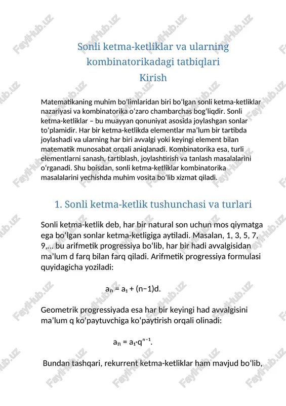 uvchi joylashtirishlar va kombinatsiyalar. masalan, n elementdan r tasini tartib bilan joylashtirishlar soni p(n, r) = n! / (n−r)! formulasi bilan aniqlanadi. agar tartib ahamiyatli bo‘lmasa, kombinatsiya ishlatiladi: c(n, r) = n! / [r!(n−r)!]. 3. sonli ketma-ketliklarning kombinatorikadagi roli sonli ketma-ketliklar kombinatorikada turli hisoblashlarda yordam beradi. masalan, kombinatsiyalar sonini hisoblashda binom koeffitsientlari ishlatiladi. bu koeffitsientlar pascal uchburchagining satrlarini tashkil etadi, ya’ni har bir element o‘zidan yuqoridagi ikkita element yig‘indisiga teng bo‘ladi. bu esa rekurrent ketma-ketlik misolidir: c(n, k) = c(n−1, k−1) + c(n−1, k). shuningdek, kombinatorika masalalarida sonli ketma-ketliklardan foydalanish turli holatlarni tartiblashda va ehtimollarni hisoblashda qulaylik yaratadi. 4. amaliy misollar 1-misol: arifmetik progressiya asosida kombinatsiyalarni hisoblash. agar ketma-ketlik 2, 4, 6, 8, 10 dan iborat bo‘lsa, bu besh elementdan 3 tasini tanlash kombinatsiyasi c(5, 3) = 10 bo‘ladi. 2-misol: pascal uchburchagi yordamida kombinatsion qiymatlar. masalan, (a + b)⁴ ni ochishda binom koeffitsientlari 1, 4, 6, 4, 1 ketma-ketligi hosil …