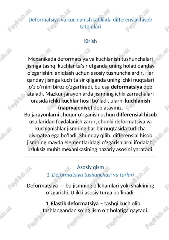 tushunchasi jism ichidagi har bir nuqtada paydo bo‘ladigan ichki kuchlar kuchlanish bilan ifodalanadi. agar fff — kesimdagi ichki kuch, aaa — kesim yuzasi bo‘lsa, o‘rtacha kuchlanish: ammo real jismlarda kuchlanish har bir nuqtada farq qiladi. shu sababli, differensial shaklda u quyidagicha yoziladi: bu ifoda jism ichidagi har bir nuqtadagi mahalliy kuchlanishni aniqlash imkonini beradi. 3. deformatsiya va kuchlanish orasidagi bog‘lanish (hooke qonuni) elastik jism uchun deformatsiya va kuchlanish orasida chiziqli bog‘lanish mavjud: bu yerda eee — yung moduli (modul uprugosti), jismlarning qattiqligini ifodalaydi. differensial hisob orqali bu bog‘lanish quyidagicha yoziladi: ya’ni, jismdagi kuchlanish har bir nuqtadagi deformatsiya (ya’ni, siljishning differensiali) bilan proporsionaldir. 4. egilish, burilish va kesilish tahlilida differensial hisob mexanik tahlillarda jismlar faqat cho‘zilmaydi, balki egiladi, kesiladi yoki buriladi. bu hollarda ham differensial hisob asosiy vosita bo‘lib xizmat qiladi. masalan, egiluvchan nurlar tahlilida quyidagi tenglama ishlatiladi: bu yerda: ushbu tenglama nurning har bir nuqtasidagi egilishni differensial tenglama orqali ifodalaydi. …