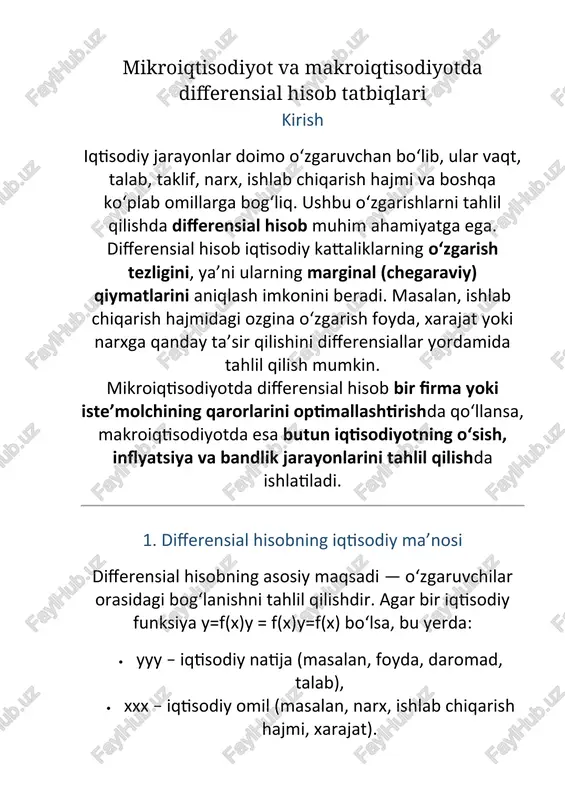 stikligi narx o‘zgarganda talab yoki taklif qancha o‘zgarishini differensial yordamida aniqlaymiz. masalan, talab funksiyasi qd=f(p)q_d = f(p)qd​=f(p) bo‘lsa, narx elastikligi: agar ed>1e_d > 1ed​>1 bo‘lsa, talab elastik, ed<1e_d < 1ed​<1 bo‘lsa, noelastik deyiladi. bu tahlil firmalarga narx siyosatini to‘g‘ri belgilash imkonini beradi. b) chegaraviy daromad va xarajatlar daromad r=p(q)⋅qr = p(q) \cdot qr=p(q)⋅q bo‘lsa, chegaraviy daromad (marginal revenue): xarajat funksiyasi c(q)c(q)c(q) bo‘lsa, chegaraviy xarajat (marginal cost): maksimal foyda shartidan: bu iqtisodiy qonun differensial tahlil asosida hosil bo‘lgan eng muhim natijalardan biridir. c) foydani maksimallashtirish foyda funksiyasi π(q)=r(q)−c(q)\pi(q) = r(q) - c(q)π(q)=r(q)−c(q). maksimum foyda uchun birinchi hosila nolga teng bo‘ladi: bu differensial shart orqali ishlab chiqarishning optimal hajmi topiladi. masalan, r(q)=100q−q2r(q) = 100q - q^2r(q)=100q−q2, c(q)=20q+100c(q) = 20q + 100c(q)=20q+100 bo‘lsa: demak, maksimal foyda q = 40 birlik ishlab chiqarishda olinadi. d) iste’molchi va ishlab chiqaruvchi muvozanati differensial hisob iste’molchining chegaraviy foydalilik (mu) tushunchasini aniqlashda ham ishlatiladi: bu funksiya iste’molchining har …