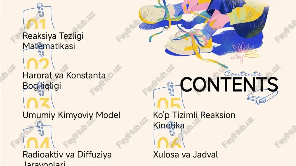yoki reaksiyalarning isitilish/sovitilish jarayonlarida qo‘llaniladi va kinetik tahlilni aniqroq olib borishga yordam beradi. 9 03 umumiy kimyoviy model 10 konsentratsiya o‘zgarishining umumiy modeli kimyoviy reaksiyalarda modda balans differensial tenglama orqali ifodalanadi. bu umumiy model reaktorlarda moddalar o‘qimini, reaksiyalarni va ularning o‘zaro ta’sirini tavsiflash uchun ishlatiladi. 11 kimyoviy muvozanatga differensial yondashuv tizim muvozanat holatiga intilganda konsentratsiya o‘zgarish tezligi dc/dt → 0 ga yaqinlashadi. muvozanat konstantasi: dinamik jarayon differensial tenglama orqali tavsiflanadi. bu yondashuv reaksiya yo‘nalishi va muvozanat holatini aniqlashda muhim ahamiyatga ega. 12 04 radioaktiv va diffuziya jarayonlari 13 radioaktiv yemirilish modeli radioaktiv yemirilish birinchi tartibli jarayon bo‘lib, dn/dt = −λn differensial tenglamaga ega. yechim: bu tenglama yadro fizikasi va radiokimyoda ishlatiladi va yadrolarning yarilanish davri, radioaktiv moddalarining davomiyligi kabi parametrlarni hisoblash uchun asos bo‘ladi. 14 diffuziya jarayoni: fick qonuni fick qonuni (bir o‘lchamli) diffuziya oqimi: diffuziya tenglamasi konsentratsiyaning vaqt bo‘yicha o‘zgarishi: bu tenglama moddalarning joylashishiga ko‘ra tarqalishini tasvirlaydi va biologik, …