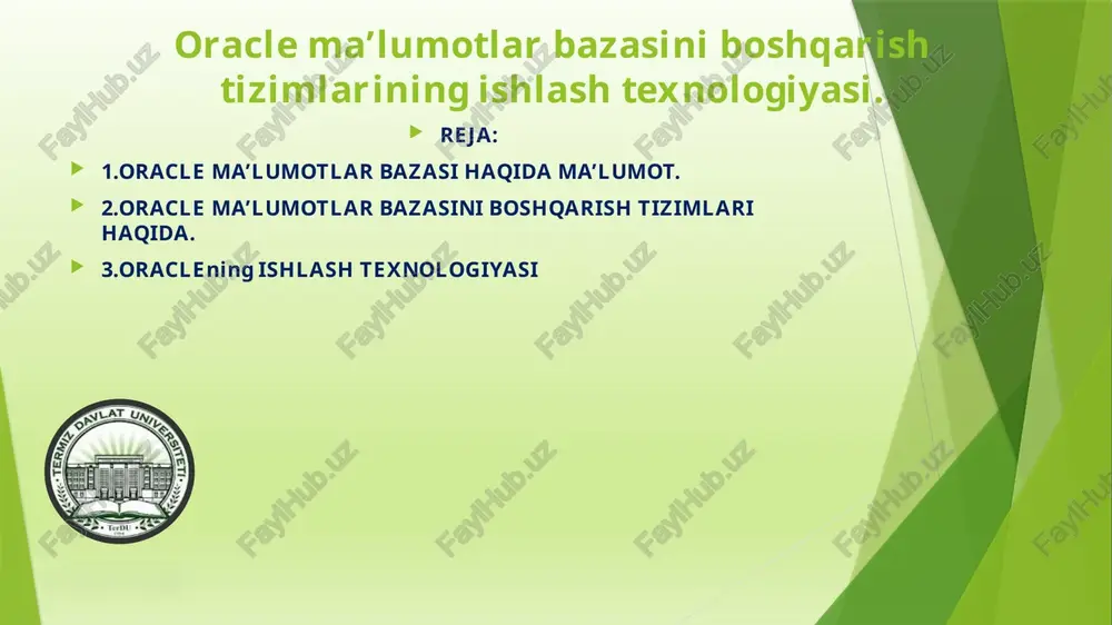 ta'minot. odatda, dbms quyidagi elementlarga ega: yadro kodi ushbu kod dbms uchun xotira va saqlashni boshqaradi. metama'lumotlar ombori ushbu ombor odatda ma'lumotlar lug'ati deb ataladi . so'rov tili ushbu til ilovalarga ma'lumotlarga kirish imkonini beradi. ma'lumotlar bazasi ilovasi - bu ma'lumotlarga kirish va ma'lumotlarni boshqarish uchun ma'lumotlar bazasi bilan o'zaro ta'sir qiluvchi dasturiy ta'minot. ma'lumotlar bazasini boshqarish tizimlarining birinchi avlodi quyidagi turlarni o'z ichiga oladi: ierarxik ierarxik ma'lumotlar bazasi daraxt tuzilishidagi ma'lumotlarni tartibga soladi . har bir ota yozuvda fayl tizimining tuzilishiga o'xshash bir yoki bir nechta bola yozuvlari mavjud. tarmoq oracle ma'lumotlar bazasining qisqacha tarixi oracle ma'lumotlar bazasining joriy versiyasi 30 yildan ortiq innovatsion rivojlanish natijasidir. oracle ma'lumotlar bazasi evolyutsiyasining asosiy jihatlari quyidagilardan iborat: oracle kompaniyasining asos solishi 1977 yilda larri ellison, bob miner va ed oates relational software, inc. (rsi) ga aylangan software development laboratories konsalting kompaniyasini boshladilar. 1983 yilda rsi oracle systems corporation, keyin esa oracle corporation …