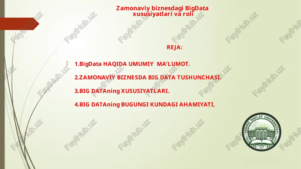 ata science" nomli kitobini chop ettirgan. 2010-yillar boshida katta ma'lumotlarni tarqalishi natijasida bu yo'nalish juda foydali va kelajagi bor biznesga aylandi. va o'shandi katta ma'lumotlar bilan ishlaydigan mutaxassislarga talab juda oshib ketdi. bigdata haqida business intelligence(biznes-analitika) - aniq strukturaga ega bo'lmagan juda katta hajmdagi ma'lumotlarni qayta ishlash natijasida muqobil biznes yechimlar izlashga aytiladi. effektiv biznes-analitika ichki va tashqi ma'lumotlarni analiz qiladi - ham bozor axborotlarini, ham mijoz-kompaniyaning hisobotlarini hisobga oladi. bu biznesni butunlay tushunishga yordam beradi, shu bilan birga, strategik va operatsion qarorlar qabul qilishga zamin yaratadi(mahsulot narxini aniqlashda, kompaniya rivojlanishining asosiy yo'nalishlarini belgilab olishda). bu atama 1958-yilda ibm taqdiqotchisi xans piter lun maqolasida birinchi bo'lib ko'rsatilgan. 1996-yilda axborot texnologiyalari bozorini o'rganishga asoslangan gartner analitik agentligi business intelligence tarkibiga data mining metodikasini ham qo'shgan. manba: rusbase bigdata haqida sun'iy neyron tarmog'i - oddiy protsessorlar(sun'iy neyronlar) birlashtirilgan tizimi bo'lib, insonning nerv tizimini imitatsiya qiladi. bunday struktura evaziga, neyron tarmoqlari dasturlanmaydi, ular …
