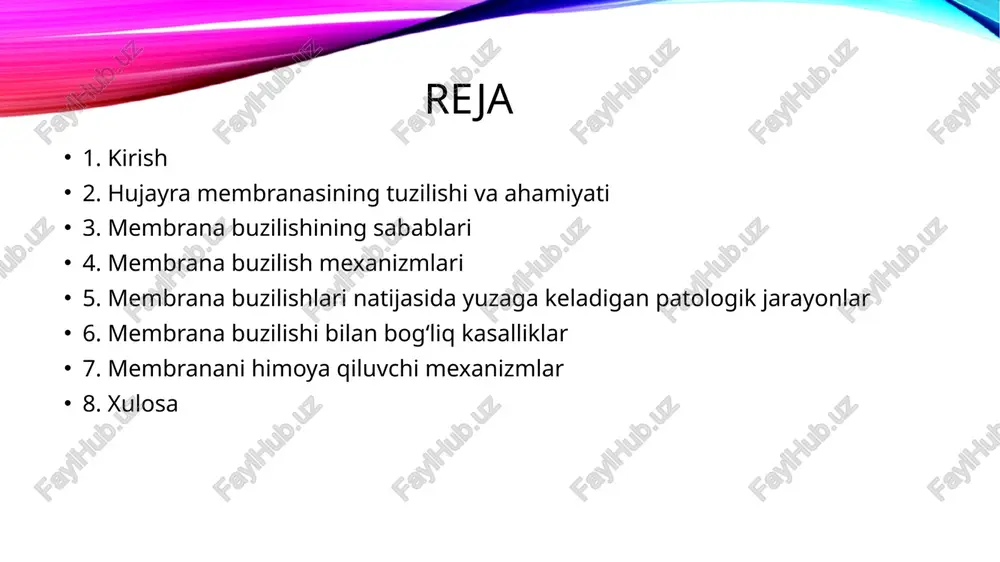 z. ionlar almashinuvi buzilishi, kalsiy to‘planishi. fermentlar chiqib ketishi → avtoliz. elektrolit disbalansi → yurak ritmi va mushak faoliyati buzilishi. immun reaksiyalar kuchayib, autoimmun jarayonlar rivojlanadi. membrana buzilishi bilan bog‘liq kasalliklar yurak infarkti va miya insulti (ishemik holatlar). jigar va buyrak yetishmovchiligi. yallig‘lanish va degenerativ kasalliklar. neyrodegenerativ kasalliklar (altsgeymer, parkinson). membrana buzilishi bilan bog‘liq kasalliklar № kasallik nomi qisqacha izoh 1 ishemiya va infarkt qon oqimi to‘xtaganda kislorod yetishmaydi, natijada mitoxondriya membranasi buziladi va hujayra nobud bo‘ladi. 2 altsgeymer kasalligi neyron membranasidagi lipidlar oksidlanadi, oqsillar parchalanadi, natijada hujayra signal uzata olmay qoladi. 3 parkinson kasalligi neyron membranasidagi dopamin tashuvchi oqsillar shikastlanadi. 4 mushak distrofiyasi suyak-mushak hujayralarining membranasini mustahkamlovchi distrofin oqsili yetishmasligi. 5 gepatit va sirroz viruslar jigar hujayra membranasiga zarar yetkazadi, ularning o‘lishiga olib keladi. 6 gemoliz (eritrositlarning parchalanishi) eritrosit membranasi buzilishi tufayli gemoglobin plazmaga chiqadi. 7 oksidlovchi stress bilan bog‘liq kasalliklar qandli diabet, ateroskleroz, saraton — hammasida lipid peroksidlanishi …