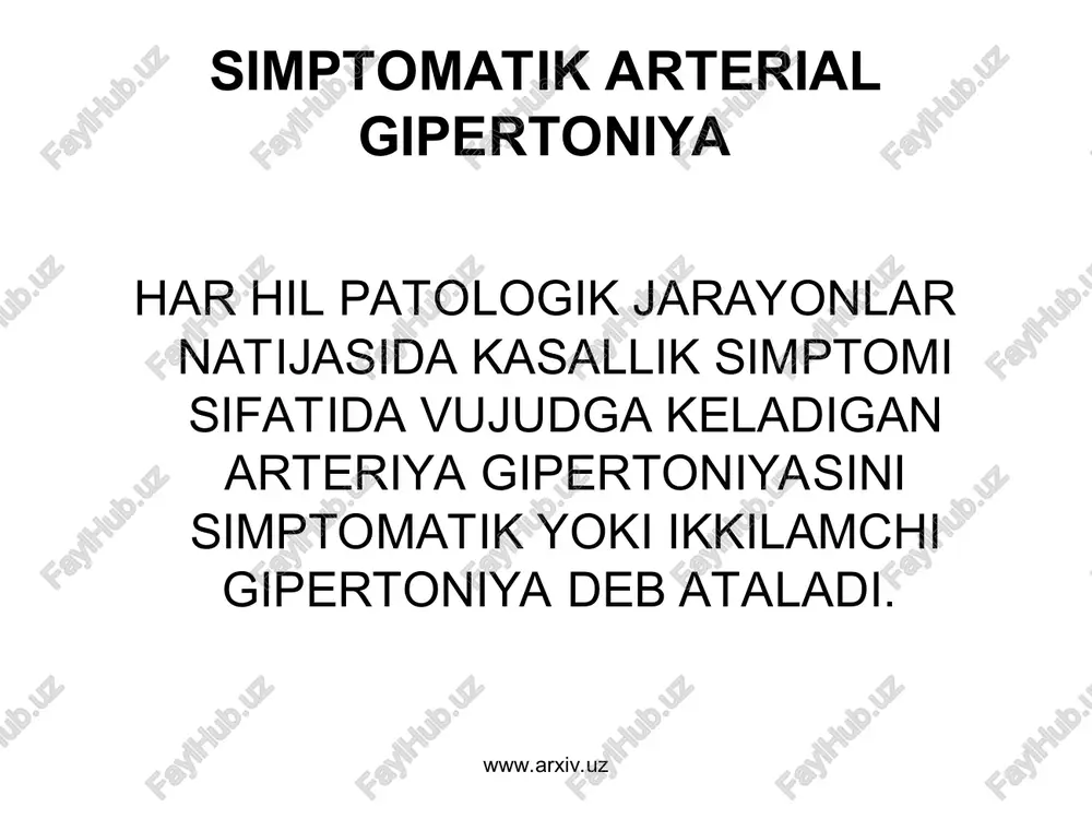 lanib yuruvchi qon hajmining ko'payishi – gipervolemiya. www.arxiv.uz www.arxiv.uz b. endokrin kasalliklarda ba'zi gormonlar ajralishi ko'payadi. akromegaliya feoxromasitoma kasalligida buyrak usti bezi miya qavati giperplaziyasi nati jasida adrenalin ko'p miqdorda ajraladi, simpato-adrenal sistemasi tonusi ortadi. isenko-kushing kasalligida buyrak usti bezi po'stlog'ining giperplaziyasi yoki o'smasi ta'sirida 11-oksikortikosteroidlar sekresiyasi ko'payadi. tireotoksikozda tiroksin va triyodti roning gormonlari ta'sirida yurakning daqiqalik hajmi va aylanayotgan qon hajmi ortadi va sistolik gipertoniyani sodir qiladi. www.arxiv.uz www.arxiv.uz s. klimakterik gipertoniya patogenezi asosida menopauza davrida follikulyar gormon depressor faoliyatining zaiflanishi yoki to'xtashi yotadi. esterogenlar ishlab chiqarilishining to'xtashi, shubhasiz yana mns faoliyatining buzilishiga olib keladi. www.arxiv.uz www.arxiv.uz d. gemodinamik gipertoniya asosida yurakning zarb hajmining ko'payishi yotadi. 1)takayasu sindromida ag yallig'lanish jarayoni ta'sirida buyrak arteriyalarining torayishi hamda aorta depressor sohasining qamali yuzaga keladi. 2) aortaning ko'krak bo'limi koarktasiyasida (tug'ma torayishda) arteriya bosimining ko'tarilishi asosida gavdaning yuqori yarmi qon tomirlarining liq to'lishi, qonnning zarblik va daqiqalik hajmining ko'payishi yotadi. www.arxiv.uz www.arxiv.uz …