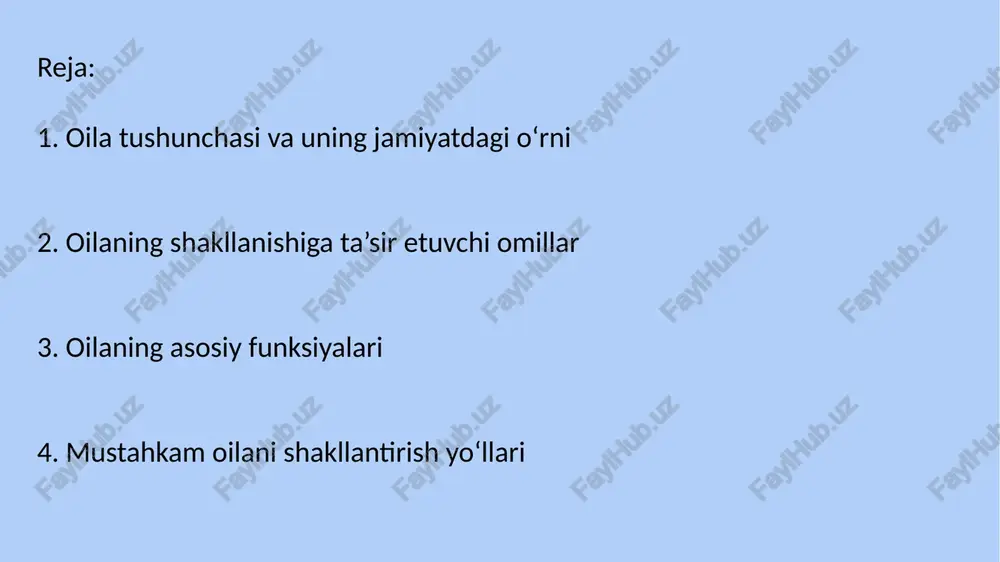 kamligi uchun asosiy psixologik tayanchlardir. oila a’zolari o‘zaro muloqotda samimiy, tushunuvchan bo‘lishi zarur. huquqiy omillar nikohning qonuniy rasmiylashtirilishi, er-xotin va bolalarning huquqlari va majburiyatlari davlat tomonidan himoya qilinadi. huquqiy madaniyat darajasi oilaviy muammolarni to‘g‘ri hal etishga yordam beradi. 3. oilaning asosiy funksiyalari oilaning jamiyatdagi o‘rni va ahamiyati uning bajaradigan funksiyalari orqali belgilanadi. asosiy funksiyalar quyidagilardir: 🔹 reproduktiv (nasl qoldirish) funksiyasi bu funksiya orqali jamiyatning davomiyligi ta’minlanadi. oila yangi avlodni dunyoga keltirish va ularni sog‘lom, yetuk shaxs sifatida voyaga yetkazish uchun javobgardir. tarbiya funksiyasi oila — bu birlamchi tarbiya muassasasi. bolaning axloqiy, ma’naviy, jismoniy va aqliy rivojlanishida ota-onaning roli beqiyosdir. “farzand tarbiyasi — jamiyat kelajagi” degan g‘oya aynan shu funksiyada o‘z ifodasini topadi. 🔹 iqtisodiy funksiyasi oila a’zolarining moddiy farovonligini ta’minlash, oila byudjetini shakllantirish, mehnat qilish va iqtisodiy resurslardan oqilona foydalanish bu funksiyaning mazmunini tashkil etadi. 🔹 emotsional (ruhiy) funksiyasi oila inson uchun ruhiy tinchlik, mehr va qo‘llab-quvvatlash manbaidir. oilada mehr-muhabbat, …