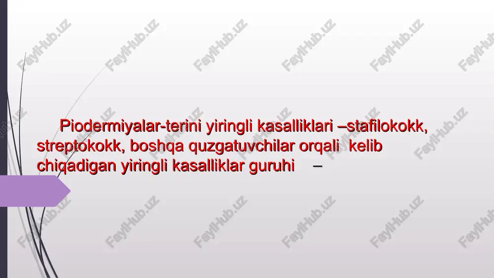 li pufakchalar kobigi tarang bulib, ichida oldin tinik, keyinchalik yiringli xira suyuklik buladi. chakaloklar terisining gistologik tuzilishining va fiziologik xossalarining uziga xosligi tufayli, ularda stafilokokkli piodermitlar aloxida gruppaga ajratiladi. streptokokkli piodermitlar ctreptokokklar stafilokokklardan fark kilib terining soch follikularini jaroxatlaydi. jaroxatlanish terining yukori kismida bulib, xosil bulgan pufakchalar bushashgan (fliktena), kobigi bush, ichida yiringli xira suyukligi buladi va atrofga tez tarkaladi. uza chuqur i. stafilodermiyalar osteofollikulit uza follikulit oddiy sikoz oddiy xusnbuzar gudaklarni epidemik pursildoq yarasi chuqur follikulit furunkul, furunkulez karbunkul gidradenit ii. streptodermiyalar . streptokokkli impetigo a) streptokokkli bichilish b) intertriginoz v) bullez g) xalqasimon d) zahmga uxshash g) yuza panariciy 2. quruq streptodermiya a)yuzdagi oddiy temiratki 1. cellulit a) utkir streptoqoqqli 2. vulgar ektima iii. strepto-stafilodermiya 1. impetigo oddiy (aralash) susunkali kechuvchi yarali piodermiya shankriform piodermiya follikulit – soch follikulasini yiringli yalliglanishi ajratishadi ostiofollikulit, yuza va chuqur follikulit oddiy sikoz ko’pincha erkaklarda uchraydigan kasallik bu jarayenda muylov , soqol …