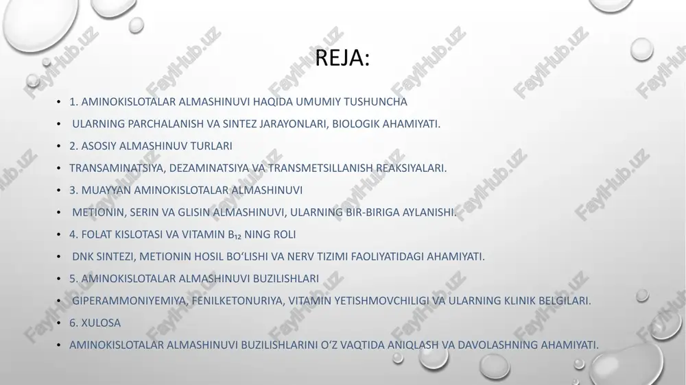 tillanish – metil guruhining bir molekuladan boshqasiga o‘tishi, bu jarayon metionin va s-adenozilmetionin orqali amalga oshadi. 4 zapasi po dnyam muayyan aminokislotalar almashinuvi metionin, serin va glisin o‘zaro bog‘liq almashinuvda ishtirok etadi. metionin transmethylatsiya yo‘li bilan serin orqali glisinga aylanishi mumkin. bu jarayonlar oqsil sintezi, nerv tizimi faoliyati va dnk metillanishida muhim rol o‘ynaydi. har bir aminokislotaning almashinuvi maxsus fermentlar orqali nazorat qilinadi. 5 🧬 aminokislotalar va ularning yetishmovchiligi oqibatlari haqida qiziqarli ma’lumotlar 1. aminokislotalar — hayot asosi aminokislotalar oqsillarni tashkil etuvchi “g‘ishtlar”dir. ular nafaqat mushaklar, balki miya, yurak, jigar, qon tomirlari va immun tizimi uchun ham zarur. har bir aminokislota tanada o‘ziga xos vazifani bajaradi — ba’zisi gormonlar, ba’zisi fermentlar yoki neyromediatorlar sintezi uchun kerak 2. muhim aminokislotalar yetishmasa nimalar bo‘ladi? 🩸 1. fenilalanin yetishmasa dopamin, adrenalin va noradrenalin sintezi kamayadi. natijada odamda ruhiy tushkunlik, diqqat pasayishi, hissiy beqarorlik kuzatiladi. bolalarda rivojlanish orqada qoladi, o‘qish va nutq faoliyati sustlashadi. …