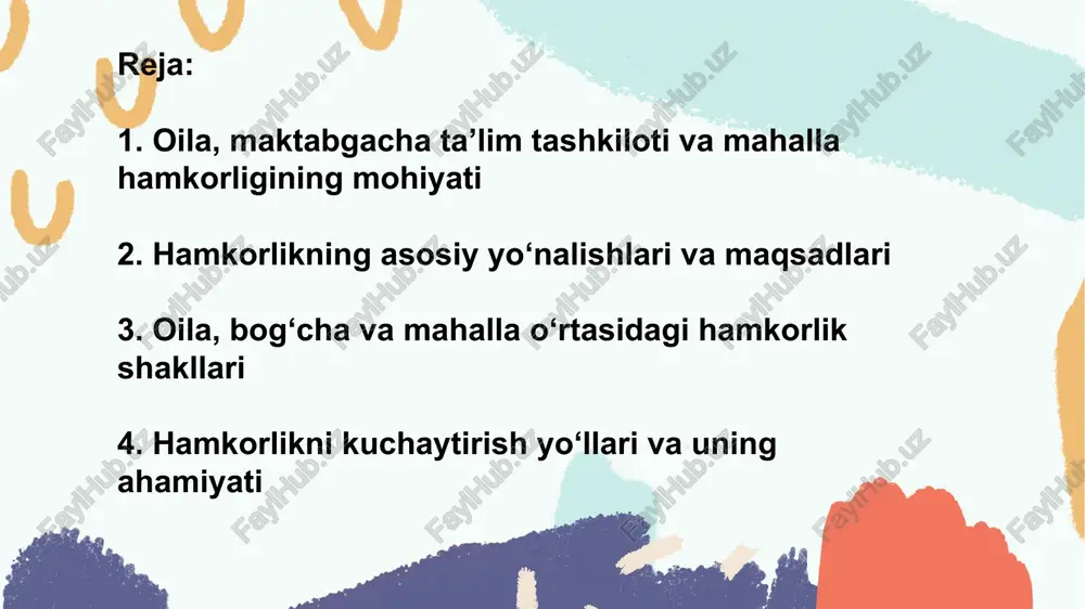 va muntazam olib borilishi kerak. quyidagi shakllar eng samarali hisoblanadi: 🔹 oila bilan hamkorlik: ota-onalar yig‘ilishlari, seminarlar, suhbatlar; “ochiq eshiklar kuni” tadbirlari; ota-onalar ishtirokidagi ijodiy kechalar va sport o‘yinlari; pedagogik maslahatlar va psixologik treninglar; “mehrli oila”, “baxtli bola” loyihalari. mahalla bilan hamkorlik: “mahalla – tarbiya maskani” loyihasi doirasida tadbirlar; mahalla faollari, nuroniylar, xotin-qizlar qo‘mitasi bilan uchrashuvlar; ijtimoiy himoyaga muhtoj bolalar uchun yordam tadbirlari; bolalarni milliy qadriyatlar, mehnat va odobga o‘rgatish bo‘yicha hamkorlik. bog‘cha va mahalla o‘rtasida: birgalikdagi ma’naviy-ma’rifiy tadbirlar, ko‘rik-tanlovlar, o‘yinlar; “mahallamiz faxri” kabi loyihalar; bayram tadbirlarini hamkorlikda tashkil etish; mahalla markazida ochiq o‘yin maydonchalari, kutubxonalar tashkil etish. 9 4. hamkorlikni kuchaytirish yo‘llari va uning ahamiyati oila, bog‘cha va mahalla hamkorligi faqat tashkiliy ish emas, balki ijtimoiy-pedagogik tizimdir. u bola tarbiyasida yagona yo‘nalish, yagona maqsadni shakllantiradi. hamkorlikni kuchaytirish yo‘llari: 1. ota-onalar va mahalla faollarining bog‘cha hayotida faol ishtirokini ta’minlash; 2. hamkorlikda o‘tkaziladigan tadbirlar rejasini ishlab chiqish; 3. mahalla va bog‘cha …