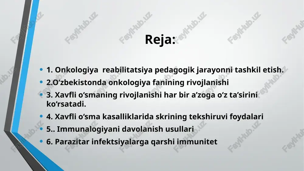 ilib, 1940-yilgacha faoliyat koʻrsatishi, toshkent vrachlar malakasini oshirish institutida onkologiya kafedrasi ochilishi, oʻzbekiston onkologlari tomonidan oʻsmalar bilan birga uchraydigan kasalliklar, quyosh nurining oʻsma toʻqimalaridagi almashinuvga taʼsiri (j. m. abdurasulov, k. ye. nikishin vab.), oʻsma kasalliklari epidemiologiyasi va onkologik yordamni tashkil etish (n. q. murodxoʻjayev, k. g. bobrina), xavfli oʻsmalar immunologiyasi masalalari (a. i. nikolayev), oʻsmalarni rentgenologik (j. m. abdurasulov), ultratovush (a. a. fozilov) va radioizotop (n. q. murodxoʻjayev) usullar orqali aniqlash yoʻllari takomillashtirildi. onkologiya fani hozirgi 3 yoʻnalishda rivojlantirilmoqda: 1) normal hujayradan rak hujayraga oʻtish mexanizmini fundamental usullar orqali yechish; 2) aholi oʻrtasida ushbu kasallikka moyil boʻlgan va klinik belgilari yuzaga chiqmagan kishilarda rakning immunologik usullar bilan aniqlash; 3) xavfli oʻsmalarni immunologik usullar bilan davolashni takomillashtirish. xavfli o‘smaning rivojlanishi har bir a’zoga o‘z ta’sirini ko‘rsatadi: o‘smaoldi kasalliklari barcha o‘smaoldi kasalliklari 2 turga bo‘linib, ular xavfli o‘smaga ikki xil yo‘l bilan aylanadi: 1.fakultativ o‘smaoldi kasalliklari. 2.obligat o‘smaoldi kasalliklari. fakultativ o‘smaoldi kasalliklari …