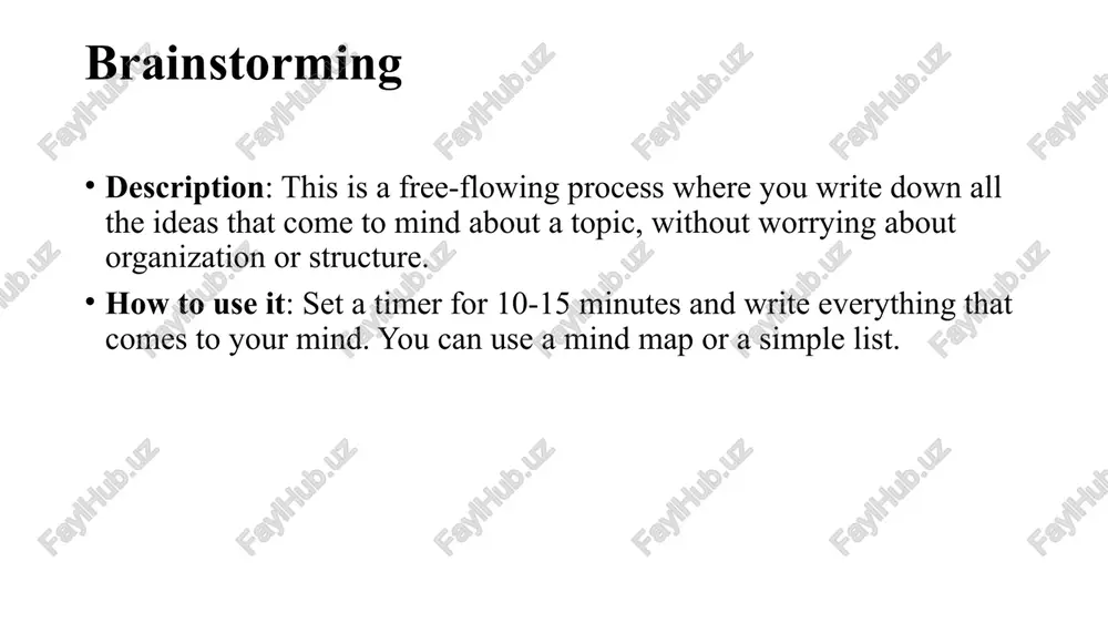 also opens up opportunities. it’s about more than just books; it’s about exposure to different ideas and cultures…” questioning description: asking questions about your topic to generate ideas. how to use it: write down questions like “who, what, when, where, why, and how” about your topic. answering these questions can help you explore the subject more deeply. description: asking key questions to guide your thinking. example: topic: the impact of social media on teens who uses social media the most? what are the positive effects? what are the dangers or risks? how does social media influence behavior and self-esteem? when does social media use become unhealthy? /docprops/thumbnail.jpeg