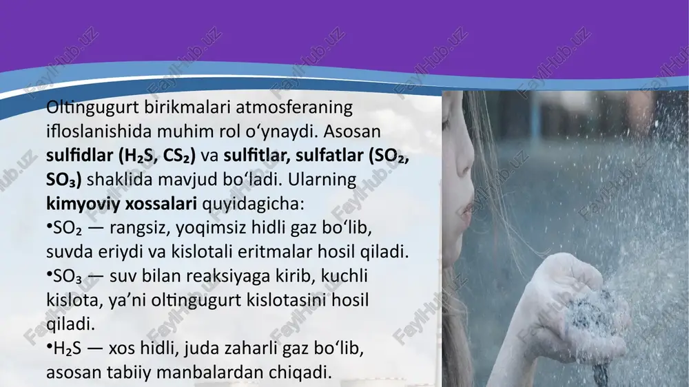 ning to‘liq fotosintez jarayoni buziladi, o‘simliklarning o‘sishi sekinlashadi. ba’zi hayvon turlari oziq-ovqat zanjirida zarar ko‘rishi mumkin. atmosferaning ifloslanishi: so₂ havo tarkibida chang va boshqa zarralar bilan reaksiyaga kirib, suv va tuproqni ifloslantiradi. bu atmosferaning tozalik darajasini pasaytiradi va ko‘rinish buzilishiga sabab bo‘ladi. hududiy va global oqibatlar sanoat hududlarida so₂ konsentratsiyasi yuqori bo‘lganda, aholining salomatligi va tabiatga zarar ancha oshadi. global miqyosda oltingugurt birikmalari atmosferada uzoq masofaga tarqaladi, kislotali yomg‘irlar orqali boshqa hududlarda ham ekologik muammolarni keltirib chiqaradi. 0ltingugurt birikmalarining ekologik va ijtimoiy ta’siri jiddiy bo‘lib, nafaqat tabiiy muhitga, balki inson salomatligi va iqtisodiy rivojlanishga ham salbiy ta’sir ko‘rsatadi. shu sababli atmosferani bu birikmalardan tozalash va chiqindilarni kamaytirish choralarini ko‘rish dolzarb hisoblanadi. oltingugurt birikmalari atmosferaning ifloslanishida muhim rol o‘ynaydi va ularning asosiy shakllari sifatida sulfidlar, sulfitlar va sulfatlar mavjud. eng ko‘p tarqalganlari — so₂ va so₃ bo‘lib, ular rangsiz, yoqimsiz hidli gazlar hisoblanadi. so₂ suvda eriydi va kislotali eritmalar hosil qiladi, …