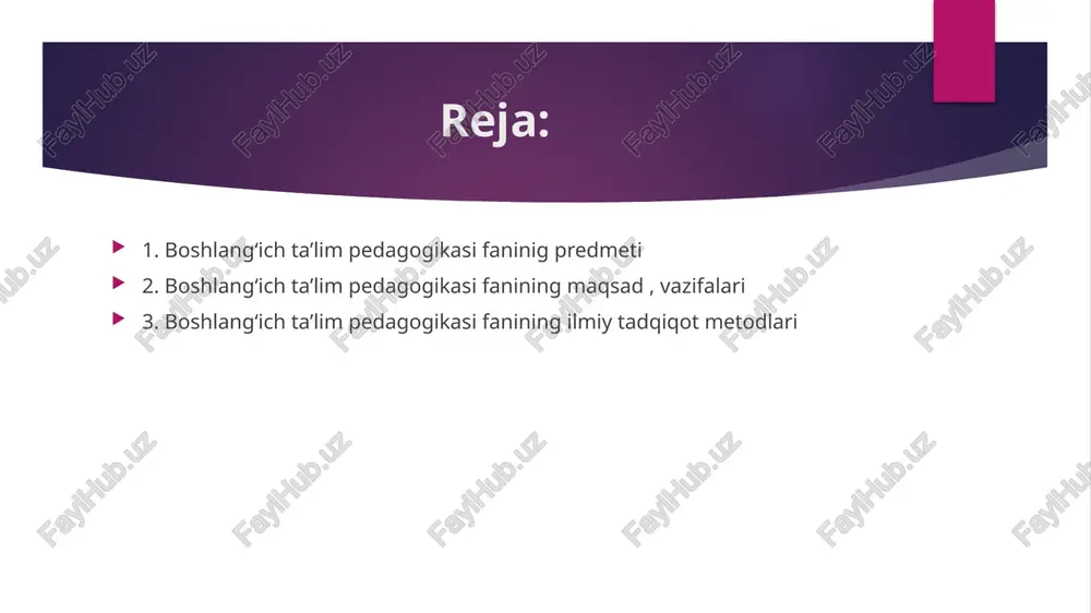 arini hosil qilish. yosh avlodda jamiyatimizda qabul qilingan odob-axloq qoidalariga mos keladigan etiqodni,axloqiy malaka va ko‘nikmalarni extiyoj va intilishlarni tarkib toptirish. maktabgacha ta’lim pedagogikasining ilmiy tadqiqot metodlari. ilmiy tadqiqot ishlari ta’lim-tarbiya samaradorligini oshirish bilan bog‘liq vazifalarni xalq ta’limining barcha bo‘g‘inlaridagi o‘quv-tarbiyaviy ishlarni kelgusida yanada yaxshilash yo‘llarini topish uchun amalga oshiriladi. ilmiy tadqiqot metodlari (metod-lotincha yo‘l degan ma’noni bildiradi) orqali amalga oshiriladi tadqiqotning nazariy darajasi o‘rganilayotgan voqeaning mohiyatini aniqlashga yo‘naltirilgan mahsus tizimlashtirish va taxlil usulidir. ilmiy tadqiqot metodlari adabiyotlarni o‘rganish metodi. kuzatish metodi pedagogik eksprement suhbat metodi bolalar ijodini o‘rganish metodi maktab hujjatlarini taxlil qilish metodi adabiyotlarni o‘rganish metodi pedagogika adabiyotlarini o‘rganishjarayonida milliy va umuminsoniy qadriyatlarni aks etti- ruvchi, mutafakkir va ma’rifatparvar pedagogik olimlarning asar- lari, mustaqil 0‘zbekistonning iqtisodi, siyosati va ma’naviyatiga doir adabiyotlar, o‘zbekiston prezidenti i. a. karimov asarlari, tadqiqot mavzusiga doir pedagogik, psixologik tadqiqotlar, disser- tatsiyalar o‘rganiladi. kuzatish metodi kuzatish adabiyotlarni o‘rganishdan keyin boshlanadi. kuzatish biror maqsadni ko‘zda tutgan …