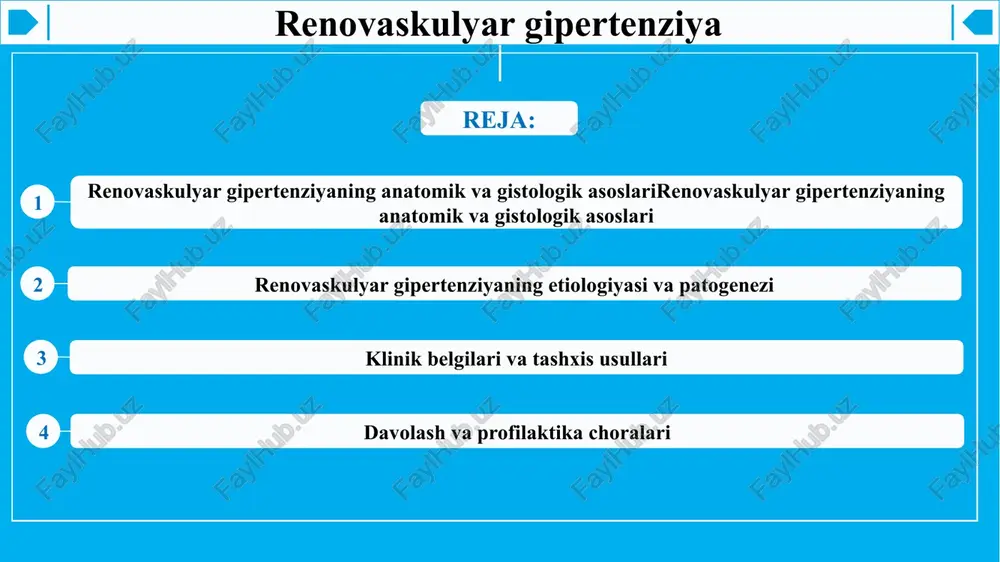 yar patologiyalarning asosiy elementlari hisoblanadi. buyraklar o‘z qon bosimini autoregulyatsiya qiluvchi organ bo‘lib, myogen mexanizm va tubuloglomerulyar feedback orqali gfrni barqaror ushlab turadi. bu anatomik va gistologik xususiyatlar renovaskulyar stenoz yoki perfuziya pasayishi natijasida gipertenziya rivojlanishini tushuntiradi. 4 gistologik asoslar: to‘xtayev va junkeyra manbalariga qaraganda, buyrakning gistologik tuzilishi glomerulalarning filtratsiya xususiyatini belgilaydi. glomerula tuzilishi fenestratsiyalangan endotel, bazal membrana va podotsitlarning oyoqcha jarayonlaridan tashkil topgan; podotsitlarning shikastlanishi filtratsiyani yomonlashtiradi. mesangial hujayralar ekstrasellyar matritsani modulyatsiya qilib, glomerulyar yuzani va filtratsiya tezligini nazorat qiladi. juxtaglomerulyar hujayralar renin granullari orqali renin saqlaydi; macula densa orqali nacl konsentratsiyasini sezish tubuloglomerulyar feedbackni faollashtiradi va afferent arteriola tonusini o‘zgartiradi. glomerulyar bazal membrananing tuzilishidagi o‘zgarishlar va mezangial proliferatsiya filtratsiya mexanizmlarini buzadi. histologik o‘zgarishlar, skleroz va fibroz buyrak perfuziyasini yomonlashtirib, renovaskulyar patofiziologiyani kuchaytiradi. biopsiya natijalari tashxis va terapiya tanlovida qo‘shimcha maʼlumot beradi. gistologik tuzilish va hujayra komponentlari etiologiya va asosiy sabablar: renovaskulyar gipertenziya ko‘pincha renal arteriya stenozidan kelib chiqadi, …
