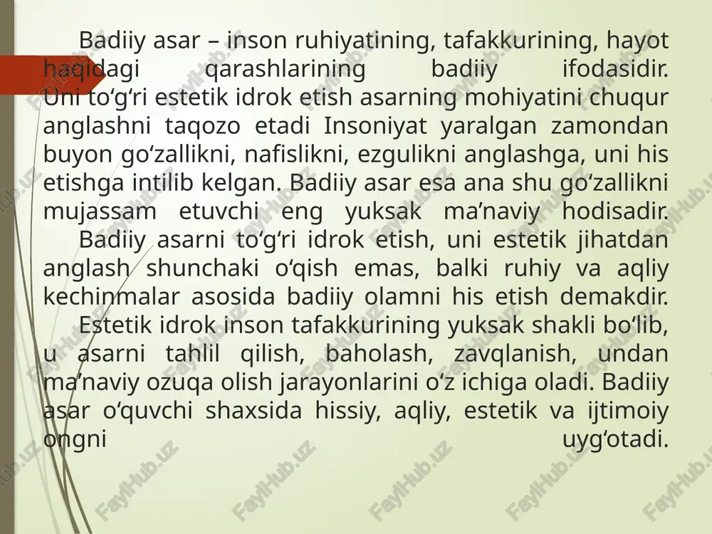 g roli o‘quvchi – faol ishtirokchi. u asarni o‘z hayot tajribasi orqali qayta yaratar ekan, yozuvchi bilan muloqotga kirishadi. estetik idrok ikki tomonlama jarayon hisoblanadi: sub’ekt – o‘quvchi, tinglovchi, tomoshabin; ob’ekt – badiiy asarning o‘zi: syujet, obrazlar, tili, g‘oyasi. bu ikki tomon o‘rtasidagi estetik aloqa natijasida haqiqiy san’at zavqi tug‘iladi. o‘quvchi yozuvchining ruhiy holatini, tuyg‘usini o‘zida his qiladi. estetik idrokda yozuvchining roli yozuvchi o‘z dunyoqarashi, uslubi, tili bilan o‘quvchining hissiyotiga yo‘l ochadi. maqsadi – o‘quvchini o‘ylantirish, hayajonga solish, go‘zallikka oshno etish. har bir yozuvchi o‘z asari orqali o‘quvchi bilan ruhiy muloqot o‘rnatadi. yozuvchining maqsadi – o‘quvchini o‘ylantirish, hayajonga solish, unga hayot go‘zalligini his ettirishdir. o‘quvchi esa o‘z navbatida asarni idrok etish jarayonida uni qayta yaratadi. shu bois, har bir o‘quvchi bir asarni turlicha his qiladi. masalan, abdulla qodiriyning “o‘tkan kunlar” romanini bir kishi sevgi fojiasi sifatida, boshqasi esa millat taqdiri, tarix saboqlari sifatida idrok etadi. badiiy asarning estetik funksiyasi asar …