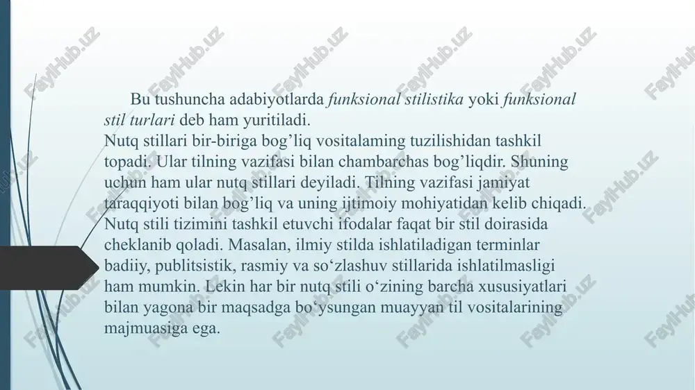 ati mavjud boʻladi. funksional stil turlari quyidagilar: 1) so‘zlashuv stili; 2) rasmiy stil; 3) ilmiy stil; 4) publitsistik stil; 5) badiiy stil. so‘zlashuv stili — nutqning dialogik shaklidir. bu stil yozma nutqqa qaraganda ta'sirchanligi, hissiyotga boyligi, yangi so‘z qo‘llashlar mavjudligi bilan ajralib turadi. bu stilda so'zlovchining barcha imkoniyatlari namoyon bo‘ladi. u nutqiga hissiyotini ham qo‘shib gapiradi. bunda turli imo-ishora va qo‘l harakatlaridan foydalaniladi. bu vositalar nutqda aytilmay qolislri mumkin bo‘lgan so‘z va iboralaming o'm ini to‘ldiradi va bayon qilinayotgan fikmi yanada aniqlashtiradi. bu stilda to‘liqsiz gaplar ishlatiladi, chunki tushirilgan qism boshqa bir rephkada yoki boshqa bir nutq vaziyatida ifodalanishi mumkin. so‘zlashuv stilining ikki xil ko'rinishi bor: 1) adabiy so‘zlashuv stili; 2) oddiy so‘zlashuv stili. adabiy so‘zlashuv stihda o‘qituvchilar, suxandonlar, jumalistlar, ilmiy xodimlar, yozuvclii va shoirlar, rahbar xodimlar, artistlar gaplashadilar. bu stil dars jarayonida, sahna nuqtida, kino san’atida, telefilm lar, axborotlar, teleocherklar, radioinsenirovkalarda ishlatiladi. adabiy so‘zlashuv stilida jaigon va sheva so‘zlari …