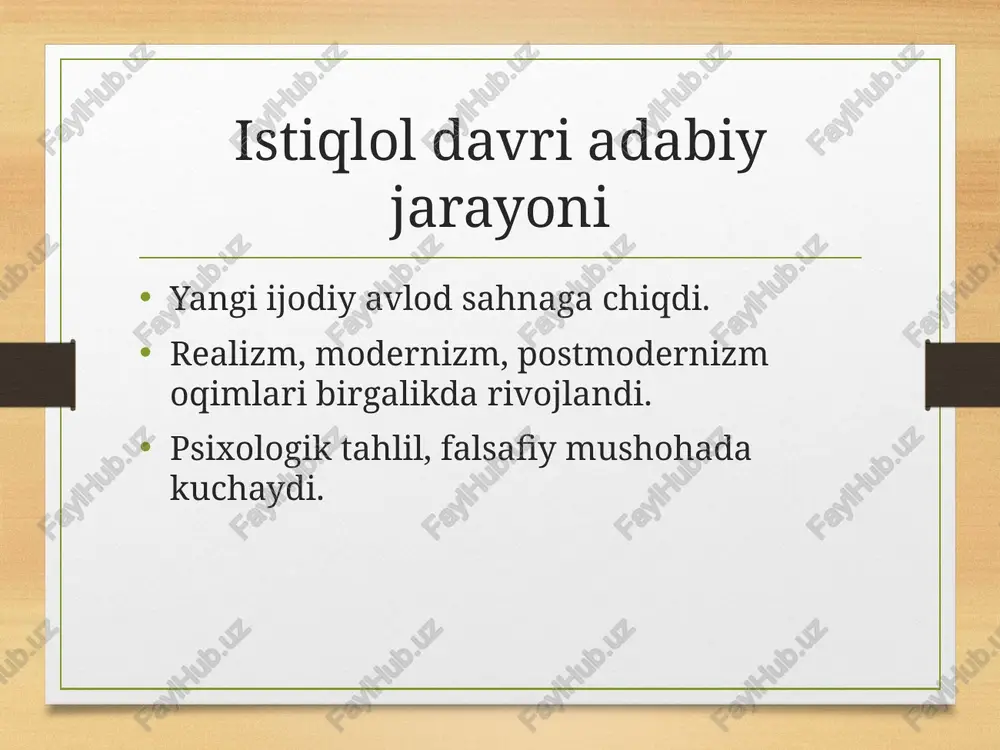 saidova. asarlarida ayol ruhiyati, ona-bola munosabatlari, jamiyatdagi ayol o‘rni yoritilgan. modern va postmodern unsurlar ramz, intertekst, parodiya, absurd hodisalar. hodisaga subyektiv baho. nazar eshonqul, xurshid do‘stmuhammad, u. hamdam ijodida kuzatiladi. psixologik hikoyachilik inson ichki kechinmalarini ochish markazda. ichki monolog, ong oqimi, xotiralar tasvir usuli. masalan: “jannat oshi”, “bozor” hikoyalari. til va uslub xalqona iboralar bilan badiiy tildagi yangilanish uyg‘unlashgan. fikr ixcham, obrazlar tabiiy. dialekt, so‘z o‘yinlari, ironiyadan foydalaniladi. yangi avlod hikoyachilari sherzod artikov, kamron aliev, dilfuza zoyirova. global muammolar, migratsiya, internet davri mavzulari. tili zamonaviy, dinamik. ma’naviy izlanishlar inson o‘zligini anglash jarayoni markazda. qahramon o‘z “men”ini, qadriyatini izlaydi. diniy-falsafiy ramzlar orqali ifoda etiladi. yakuniy xulosa istiqlol davri hikoyachiligi – o‘zbek xalqining ma’naviy uyg‘onish oynasi. har bir hikoya inson, vaqt va vijdon orasidagi muloqotdir. yangi adabiy shakl va mazmunlar – istiqlol ruhi natijasidir. image3.png image4.png /docprops/thumbnail.jpeg