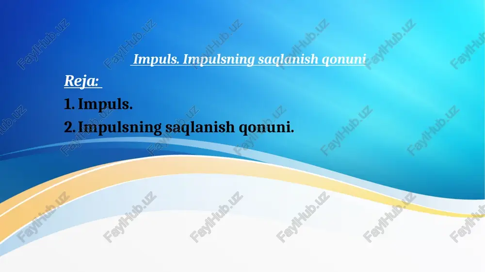 a bo‘ladi. bundan chiqadi. bu impulsning saqlanish qonunidir. (1) ifoda inersial sanoq sistemasida joylashgan moddiy nuqta yoki yakka jism uchun o‘rinli ekanini ta’kidlagan edik. nyutonni uchinchi qonuniga asosan inersial sanoq tizimidagi jismlar sonini ikkitaga yetkazilsa, ularning ta’sirlashuv qonuni o‘zgacha (ya’ni ) bo‘ladi. fizikada ikki va undan ortiq o‘zaro ta’sirlashuvchi jismlar to‘plami jismlar tizimi deyiladi. bunday tizimga xos xususiyatlardan biri shuki, uni tashkil qiluvchi jismlar o‘zaro ta’sirlashadilar. bu ta’sirlashuvlarning yo‘nalishi va kattaligining baholovchi kuchlar ichki kuchlar deyiladi va f harfi bilan belgilanadi. faqat ichki kuchlar ta’sirida bo‘lgan jismlar to‘plami yopiq (berk) tizim (sistema) deyiladi. agar jismlarning bir qismiga yoki hammasiga tashqi kuchlar ta’sir etsa, bunday tizim ochiq hisoblanadi. tashqi kuchlarga harakatlantiruvchi kuchlar, ishqalanish kuchlari, qarshilik kuchlari, tortishish va itarishish kuchlari kiradi. shu ma’noda yopiq tizim bu ideal tushunchadir. faqat koinotdagi obektlarga nisbatan yopiq tizim tushunchasi qo‘llaniladi xolos. aytaylik, ikkita jism inersial sanoq tizimida joylashgan bo‘lsin. ularning impulslarini va deylik. ular bir-birlari …