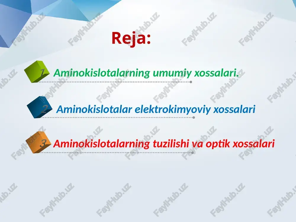 alarga yon zanjirida qo`shimcha karboksil guruhi bo`lib, kislotalik xususiyatini ta’minlaydigan aminokislotalar kiradi: aspartat kislota, glutamin kislota, tirozin, sistein. ishqoriy aminokislotalarga arginin, lizin, gistidin kirib, ular qo`shimcha aminoguruh, guanidin va imidazolli bo`lib, bular aminokislotada ishqoriy xususiyatni namoyon qiladi. aminokislotalar biologik yoki fiziologik ahamiyati bo`yicha ham 3 guruhga bo`linadi: 1. almashinmaydigan 2. yarim almashinadigan 3. almashinadigan almashinmaydigan aminokislotalar organizmda boshqa moddalardan sintezlanmaydi, shuning uchun ular doimo ovqat bilan birga tashqaridan kirib turishi kerak. umuman almashinmaydigan aminokislotalar soni 8 ta: valin, leysin, izoleysin, treonin, lizin, metionin, fenilalanin, triptofan. yarim almashinadigan aminokislotalar organizmda hosil bo`ladi, lekin yetarli miqdorda bo`lmaydi, shu sababli qisman ovqat bilan birga kirishi kerak. bunday aminokislotalarga arginin, tirozin, gistidin kiradi. almashinadigan aminokislotalar organizmda almashinmaydigan aminokislotalar yoki boshqa moddalardan yetarli miqdorda hosil bo`ladi. agar shu aminokislotalar sintezlanadigan moddalar oziq yordamida chetdan kirib tursa, organizm bu kislotalarsiz uzoq vaqt yashashi mumkin. almashinadigan aminokislotalarga qolgan barcha aminokislotalar kiradi. deyarli hamma aminokislotalar optik faoliyatga ega, …