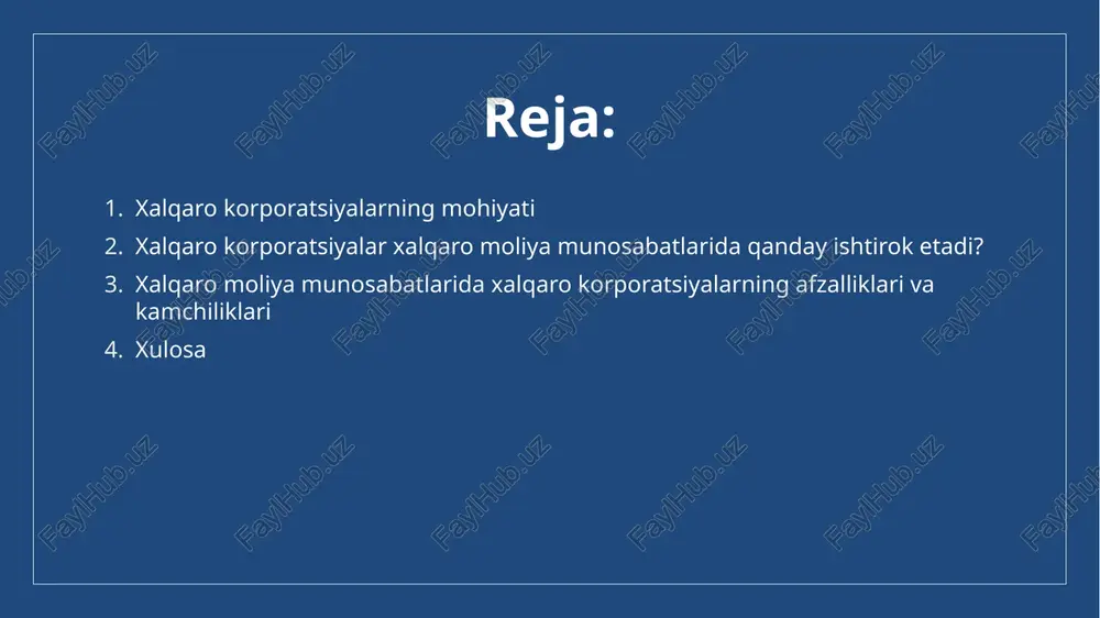nlari yaratishga hissa qo‘shadi. kapital harakati va moliyalashtirish – xalqaro korporatsiyalar aksiyalar va obligatsiyalar chiqarish orqali global moliya bozorlarida kapital jalb qiladi. valyuta bozorlari ishtiroki – xalqaro korporatsiyalar turli valyutalarda operatsiyalar olib borib, valyuta kurslarining o‘zgarishidan foyda olishga harakat qiladi. moliyaviy va sug‘urta xizmatlari hamda xalqaro kredit munosabatlari moliyaviy va sug‘urta xizmatlari – tmk o‘z investitsiyalarini himoya qilish va risklarni kamaytirish uchun xalqaro bank va sug‘urta xizmatlaridan foydalanadi. xalqaro kredit munosabatlari – xalqaro korporatsiyalar xalqaro banklardan kredit oladi va global moliya bozorlarida obligatsiyalar chiqaradi. xalqaro moliya munosabatlarida xalqaro korporatsiyalarning afzalliklari global iqtisodiy rivojlanishni rag‘batlantiradi – xorijiy investitsiyalar orqali yangi texnologiyalar va innovatsiyalarni joriy qiladi. ish o‘rinlarini yaratadi – xalqaro korporatsiyalar turli mamlakatlarda ishlab chiqarish quvvatlarini kengaytirib, bandlikni oshiradi. moliyaviy barqarorlikni ta’minlashda ishtirok etadi – tmk xalqaro kredit va investitsiyalar orqali iqtisodiy o‘sishga hissa qo‘shadi. xalqaro moliya munosabatlarida xalqaro korporatsiyalarning kamchiliklari: milliy iqtisodiyotga ta’siri – yirik tmk ba’zan milliy kompaniyalarning raqobatbardoshligini …
