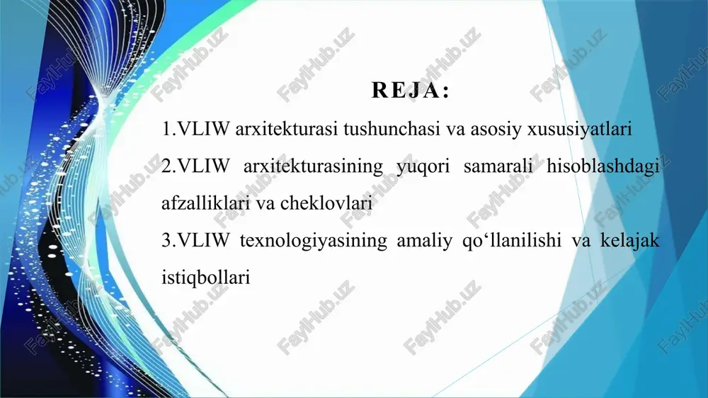 vaqtning o‘zida turli funktsional bloklarda bajariladi, bu esa apparat dizaynini soddalashtiradi va energiya sarfini kamaytiradi. vliw arxitekturasi yuqori samarali hisoblashda bir qator afzalliklarni taqdim etadi. birinchidan, u yuqori instruktsiya darajasidagi paralellikni ta’minlab, protsessor ish faoliyatini sezilarli darajada oshiradi. ikkinchidan, kompilyator instruktsiyalarni optimallashtirgan holda parallel paketlash orqali resurslardan maksimal foydalanishni ta’minlaydi. vliw arxitekturasining samarasi kompilyator va dastur tuzilmasiga bog‘liq bo‘lib, ba’zi cheklovlar mavjud. shartli tarmoqlanishlar va ma’lumot qaramliklari paralellikni kamaytirishi mumkin, katta xotira va keng xotira bant kengligi talab qilinadi, shuningdek, dastur o‘zgarganda kompilyator tomonidan qayta optimizatsiya zarur bo‘ladi. shu sababli vliw arxitekturasi eng ko‘p dsp tizimlari, multimedia protsessorlar, ilmiy hisoblashlar va sun’iy intellekt sohalarida qo‘llaniladi va kelajakda yuqori samarali hisoblashning asosiy yo‘nalishlaridan biri bo‘lib qolishi kutilmoqda. vliw texnologiyasining amaliy qo‘llanilishi va kelajak istiqbollari vliw (very long instruction word) arxitekturasi bugungi kunda turli sohalarda samarali qo‘llanilmoqda, chunki u bir vaqtning o‘zida bir nechta instruktsiyalarni bajarish imkonini beradi va hisoblash tezligini sezilarli …