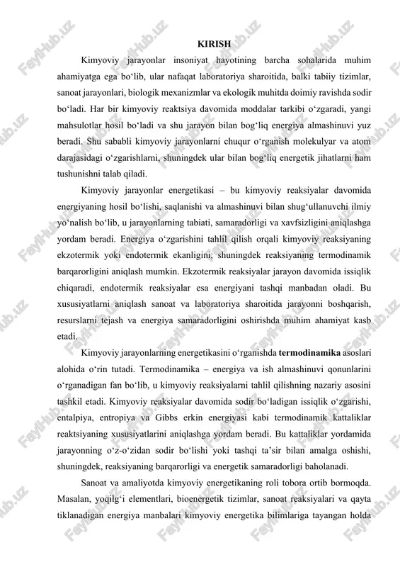k o‘zgarishi, entalpiya, entropiya va gibbs erkin energiyasi kabi termodinamik kattaliklar reaktsiyaning xususiyatlarini aniqlashga yordam beradi. bu kattaliklar yordamida jarayonning o‘z-o‘zidan sodir bo‘lishi yoki tashqi ta’sir bilan amalga oshishi, shuningdek, reaksiyaning barqarorligi va energetik samaradorligi baholanadi. sanoat va amaliyotda kimyoviy energetikaning roli tobora ortib bormoqda. masalan, yoqilg‘i elementlari, bioenergetik tizimlar, sanoat reaksiyalari va qayta tiklanadigan energiya manbalari kimyoviy energetika bilimlariga tayangan holda ishlab chiqiladi. sanoatda energiya ishlab chiqarish jarayonida gazlar, yoqilg‘ilar, vodorod va boshqa yonuvchan moddalar energetik manba sifatida ishlatiladi. bu moddalarning oksidlanishi natijasida hosil bo‘lgan energiya issiqlik, bug‘ va elektr energiyasiga aylantiriladi. ushbu jarayonlarni boshqarish, samaradorligini oshirish va xavfsizligini ta’minlash uchun ilmiy tadqiqotlar va texnologik yechimlar ishlab chiqilgan. biotexnologiya va ekologik energetikada kimyoviy energetika juda katta ahamiyatga ega. masalan, bioyoqilg‘i ishlab chiqarish jarayonida organik moddalar, o‘simlik qoldiqlari va qishloq xo‘jaligi chiqindilari orqali energiya olish mumkin. bu yo‘nalish nafaqat qayta tiklanadigan energiya manbai yaratadi, balki chiqindilarni utilizatsiya qilish va atrof-muhitni …