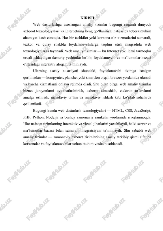 orqali qulay, ishonchli va samarali xizmat ko‘rsatish. web dasturlash oddiy statik sahifalardan tortib, millionlab foydalanuvchilarga xizmat qiluvchi murakkab korporativ tizimlargacha bo‘lgan keng spektrni qamrab oladi. hozirgi kunda veb-ilovalar nafaqat axborot ko‘rsatish, balki to‘lovlarni amalga oshirish, real vaqtli kommunikatsiya, katta hajmdagi maʼlumotlarni qayta ishlash va sunʼiy intellekt funksiyalarini bajarish imkoniyatiga ega. har bir web-loyihaning ikki asosiy qismi mavjud: mijoz tomoni (frontend) va server tomoni (backend). mijoz tomoni foydalanuvchi ko‘ruvchi va o‘zaro aloqada bo‘ladigan qatlam bo‘lib, u html, css va javascript yordamida yaratiladi. html — sahifaning tuzilishini belgilovchi til, css — dizayn va vizual ko‘rinishni boshqaruvchi qavat, javascript esa sahifaga dinamiklik va interaktivlik olib kiradi. javascriptning zamonaviy ramkalari va kutubxonalari — react, angular, vue kabi vositalar orqali murakkab, komponentlarga asoslangan interfeyslarni tez va samarali yaratish mumkin. bu ramkalar foydalanuvchi tajribasini yaxshilash, kodni qayta foydalanish va loyihani modulga bo‘lib boshqarishni osonlashtiradi. server tomoni ilovaning mantiqiy qismi, maʼlumotlar bilan ishlash, autentifikatsiya, bildirishnomalar, to‘lov jarayonlari …