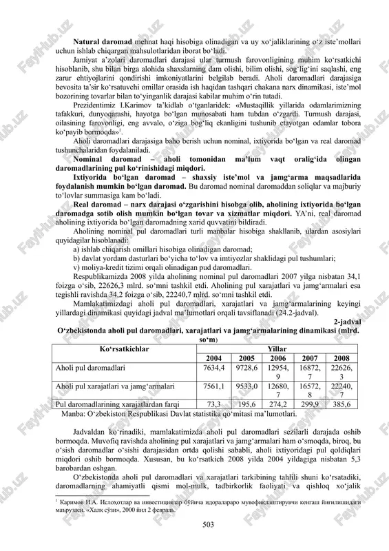 chilik buyumlarini sotishdan va har xil xizmatlar ko‘rsatishidan kelib tushadigan daromadlarni o‘z ichiga oladi. 1-jadval aholi shaxsiy daromadi tarkibiy tuzilishi 1) pul va natural shakldagi ish haqi va maosh 2) qurolli kuchlar xizmatchilarining pul va natural ko‘rinishdagi ta’minotlari 3) tadbirkorlarning ajratmalari: a) ijtimoiy sug‘urta va shu kabilarga, b) boshqa maqsadlarga. ijtimoiy bandlikdan olinadigan daromadlar 4) erkin kasblardagi shaxslar 5) fermerlar 6) boshqa yakka tartibdagi tadbirkorlar va savdogarlar o‘zini-o‘zi band qilishdan daromadlar 7) renta, sof foiz, dividendlar mulkdan olinadigan daromadlar 8) joriy transfertlar, kompaniyalarning xayriyalari 9) davlat nafaqalari va boshqa to‘lovlar transfert daromadlari natural daromad mehnat haqi hisobiga olinadigan va uy xo‘jaliklarining o‘z iste’mollari uchun ishlab chiqargan mahsulotlaridan iborat bo‘ladi. jamiyat a’zolari daromadlari darajasi ular turmush farovonligining muhim ko‘rsatkichi hisoblanib, shu bilan birga alohida shaxslarning dam olishi, bilim olishi, sog‘lig‘ini saqlashi, eng zarur ehtiyojlarini qondirishi imkoniyatlarini belgilab beradi. aholi daromadlari darajasiga bevosita ta’sir ko‘rsatuvchi omillar orasida ish haqidan tashqari chakana narx …