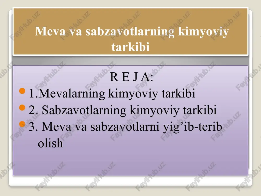 ko’payib, kislota miqdori esa kamaya boradi. lekin bu o’zgarishlar xamma mevalarda bir xil kechmaydi. ayrim mevalarda olcha, gilos va tog’ olchada kislota miqdori aksincha, ko’payib ketadi. mevalar pishganda ular tarkibidagi pektin va oshlovchi moddalar kamayadi. vitaminlar pishish davrida ko’payadi. mevalar pishishi bilan ularning urug’lari tarkibida ham o’zgarish bo’ladi. pishgan mevalarning urug’lari tarkibida suv kamayadi va po’sti qalinlashib, qo’ng’ir yoki jigarrang tusga kiradi. meva pishganda kimyoviy tarkibining o’zgarishi uning morfologik va anotomik belgilarining xam o’zgarishiga olib keladi. mevalar kimyoviy tarkibining aksariyat qismi suvdan iborat. mevalar tarkibidagi suvning miqdori 70-90% ni tashkil qiladi. mevalar tarkibida suv miqdori ko’p bo’lishi va oziq moddalarning mavjudligi mikroorganizmlarning rivojlanishi va xayot faoliyatini jadallashuvi uchun qulay sharoit yaratadi. bu esa o’z navbatida mevalarni tez buzilishiga olib keladi .bundan tashqari mevalar tarkibida suvda eriydigan uglevodlar asosiy o’rinni egallaydi. uglevodlardan glyukoza, fruktoza, saxaroza va galaktozalar eng ko’p uchraydi. mevalar tarkibida suvda erimaydigan uglevodlardan kraxmal uchraydi. o’zbekistonda yetishtiriladigan mevalar tarkibidagi …