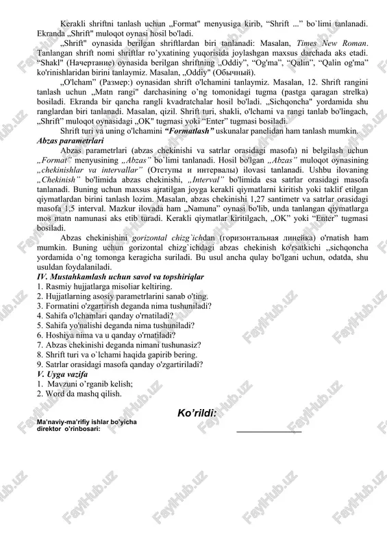 di. shunga ko'ra sahifa oichamlari tanlanadi. buning uchun „fayl” menyusiga kiriladi. fayl menyusi amallari ketma-ketligdan „sahifa parametrlari" (parametri stranitsi) amali tanlanadi. ekranda „sahifa parametrlari" muloqot oynasi paydo bo'ladi. u to'rtta ilova (amallar majmuyi) dan iborat. ulardan „qog`oz o'lchamlari” (razmer bumagi) ilovasi tanlanadi. bu ilova orqali sahifaning eni (kengligi) va bo'yi kiritiladi yoki taklif etilgan o'lchamlardan biri tanlanadi. shundan so`ng “hoshiya” (polya) amalining “yo`nalish” (orientatsiya) bo`limida sahifa yo'nalishi belgilab olinadi. u kitob sahifasi (knijnaya) yoki albom sahifasi (albomnaya) kabi bo'lishi mumkin. sahifa o'lchamlari tanlangach, sahifaning hoshiyalari belgilanadi. buning uchun sahifa parametrlari oynasidagi „hoshiya" (polya) ilovasi tanlanadi. bu ilovada sahifaning yuqori, pastki, chap va o'ng tomonlaridan qancha joy qoldirilishi ko'rsatiladi. shu ilovaning “namuna” (obrazets) qismida tanlangan parametrlarga mos sahifa nusxasi aks etib turadi. biror parametr o'zgartirilsa, ushbu sahifa nusxasi ham mos ravishda darhol o'zgaradi. sahifa o'lchamlari va hoshiyalar o'rnatilgach, „sahifa parametrlari” muloqot oynasidagi „ok" tugmasi („sichqoncha" yordamida) bosiladi yoki “enter” tugmasi bosiladi. …