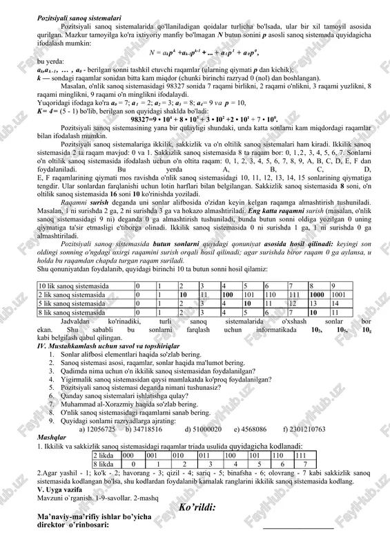 istemasi, yigirmata raqamii (yigirmalik) sanoq sistemasi yoki oltmishlik sanoq sistemasi deb nomlanadi soatning oltmishga, sutkaning o'n ikkiga karraliligi, bir yilning 12 oydan iboratligi, inglizlarda uzunlik o'lchov birhgi bo'lmish 1 futning 12 dyuymga tengligi, fransuzlarning bir franki yigirma suga tengligi turli sanoq sistemalarining qo'llanilishi natijasidir. inson har bir sistemani ishlatganda ma'lum vositalardan ham foydalangan. masalan, o'n ikkilik sanoq sistemasi uchun vosita sifatida qo'l barmoqlaridagi bo'g'inlardan foydalanilgan, biz kundalik hayotimizda qo'llayotgan sonlar alifbosi o'nta arab raqamini o'z ichiga olgan bo'lib, uning kelib chiqishida va qo'llanilishida tabiiy hisoblash vositasi bo'lmish qo'l barmoqlarimiz asosiy o'rin tutadi. sanoq sistemalari turlari ma'lumki, harflardan iborat alifboni qo'liashda bir qancha qonun vaqoidaiarga amal qilinadi. sonli alifbodagi belgilardan foydalanishda ham o'ziga xos qoidalardan foydalaniladi. bu qoidalar turli aiitbolar ucbun turlicha bo'lib, mazkur alifboning kelib chiqish tarixi bilan bog'liq. o'z ichiga o'nta raqarrmi olganligi uchun bu alifbo o'zining barcha qoidalari bilan birgalikda o'n raqamli sanoq sistemmi yoki qisqacha o'nlik sanoq …