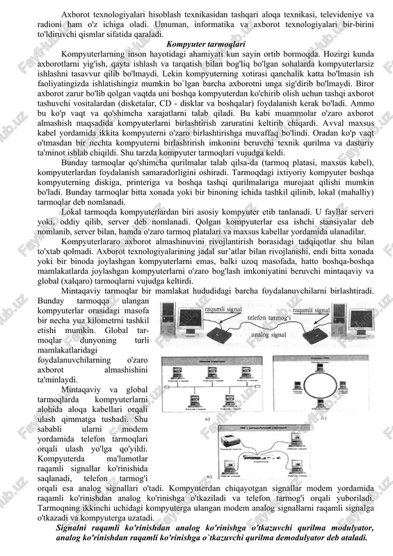 tlar almashinuvini tezlatishdan tashqari kerakli axborotni izlash, qayta ishlash va undan foydalanishni osonlashtirish hamda axborotning avval ko'rsatib o'tilgan barcha xususiyatlarini saqlashga erishiladi. insoniyat tomonidan axborotlarni izlash, to'plash, saqlash, qayta ishlash va undan foydalanish usullari va vositalari axborot texnologiyasi deb yuritiladi. axborot texnologiyasi ikki: ichki va tashqi omillardan iboratdir. ichki omillarga usullar, tashqi omillarga vositalar kiradi. bundan kelib chiqadiki, axborot texnologiyasi o`z ichiga quyidagilarni oladi: qalam, ruchka, daftar, qog'oz, bo`r, doska, proyektor, ekran, kodoskop, sinf, stol, stul, o'quvchi, o'qituvchi, farrosh, direktor, kitob, kompyuter, suhbat jarayoni, dars o'tish jarayoni, test o'tkazish jarayoni, savol-javob o'tkazish jarayoni, dars o'tish usuli va metodikasi, plakat yoki boshqa didaktik materiallar, va hokazo. demak, axborot texnologiyalari sanoatda, savdo-sotiqda, boshqaruvda, bank, ta'lim va sog'liq sistemasida, tibbiyot va fanda, transport va aloqada, qishloq xo'jaligi va ijtimoiy xizmat tizimida, turmushda qo`llanilar ekan. axborot texnologiyasining asosiy texnik vositalari sifatida kompyuterdan tashqari aloqa vositalari - telefon, teletayp, telefaks va boshqalar qo'llaniladi. axborot texnologiyalari …