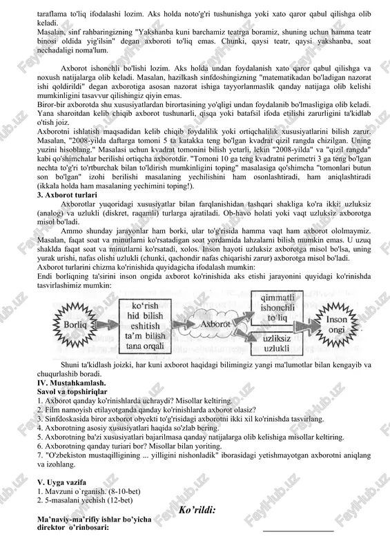 gnit yozuvlari; mimika; hid va ta'm; organizmlarning sifat va xususiyatlarini saqlovchi xromosomalar va hokazo. informatika fanida axborotni yuqoridagi ko'rinishlardan ba'zilari orqali tasvirladingiz, ba'zilarini hayotda ko'rgansiz, ba'zilari bilan esa boshqa fanlar orqali tanishasiz. hayotda bir xil axborotni turli ko'rinishlarda tasvirlash mumkin. masalan: bugun do'stlarim bilan informatikada narsalar, jarayonlar, moddiy va nomoddiy xususiyatli hodisalar ularning axborot berish xususiyatlaridan kelib chiqib axborot obyektlari deb ataladi. 2. axborotning asosiy xususiyatlari axborotdan hayot faoliyatida foydalana olish uchun, asosan, quyidagi uchta muhim xususiyatga ega bo'lish lozim: axborot ma'lum darajada qimmatli bo'lishi kerak, aks holda undan foydalanish ehtiyoji tug'ilmaydi. qimmatli axborot vaqt o'tishi bilano'z qimmatini yo'qotishi mumkin. masalan, "30 sentabr kuni tantana o'tkaziladi" degan axborot 1 noyabrda o'z qimmatini yo'qotadi. xborot toliqlik xususiyatiga ega bo'lishi lozim, ya'ni axborot o'rganilayotgan narsa yoki hodisani har taraflama to'liq ifodalashi lozim. aks holda noto'g'ri tushunishga yoki xato qaror qabul qilishga olib keladi. masalan, sinf rahbaringizning "yakshanba kuni barchamiz teatrga boramiz, shuning …