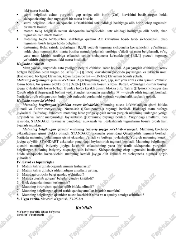 ritiladi. matnni tahrir qilishda eng ko'p bajariladigan ishlardan biri bu ortiqchi belgini o'chirish yoxud tushib qolgan belgini oraga joylashtirishdir. matnga yangi belgilarni kiritish quyidagicha bajariladi: 1. yurgich matnning kerakli belgilar kiritilishi lozim bo'lgan joyiga o'matiladi. 2. kerakli belgilar klaviaturada teriladi. matu qismini belgilash matnda belgilangan biror qism blok deyiladi. odatda, blok qora fonda oq belgi ko'rinishda tasvirlanadi. blok ustida turli amallar (o'chirish, nusxaiash, ko'chirib o'tkazish, formatlash va boshqalar) bajarish mumkin. matnda blok ajratish klaviatura yoki sichqoncha yordamida amalga oshirilishi mumkin. klaviatura yordamida blok ajratish uchun yurgich kerakli qismning (belgi, so'z, satr yoki abzas, sahifa) birinchi belgisi oldiga joylashtiriladi. so`ng [shift] klavishini bosib turgan holda [(] yoki [(] yo'nalish klavishi kerakli matn qismi belgilanguncha bosib turiladi. hujjatni to'liq belgilash uchun [ctrl] klavishini bosib turgan holda lotin harfi [a] bosiladi. sichqoncha yordamida blok ajratish ko'p usulda amalga oshiriladi. masalan: · yurgichni belgilanishi kerak bo'lgan qism oldiga joylashtirib sichqonchaning chap tugmasini bosgan holda …