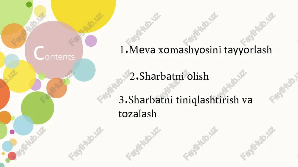 atiladi sharbat qisqa muddat yuqori haroratga yetkazilib, a c fermentatsiya: pektinaza kabi fermentlar ishlatiladi, ular pektinni parchalab, sharbatni tiniq qiladi. centrifugatsiya: sharbat yuqori tezlikda aylantirilib, qattiq zarrachalar cho'ktirib olinadi. kimyoviy moddalar qo'shish: ba'zan jelatin yoki bentonit kabi moddalardan foydalanib, xiralikni olib tashlashadi. bu jarayon sharbatning saqlash muddatini uzaytirish va uning fizik-kimyoviy barqarorligini ta'minlash uchun qo'llaniladi. mikroblarni to'liq yo'q qilish uchun yuqori harorat va bosimdan foydalaniladi. kimyoviy konservantlar qo'shish: masalan, sorbin kislota yoki natriy benzoat qo'llaniladi. qadoqlash: havo o'tkazmaydigan qadoqlash usullari sharbatni uzoq muddat saqlashga yordam beradi. media1.mp3 image1.png image2.jpeg image3.jpeg image4.jpeg image5.jpeg image6.jpeg null 175.776