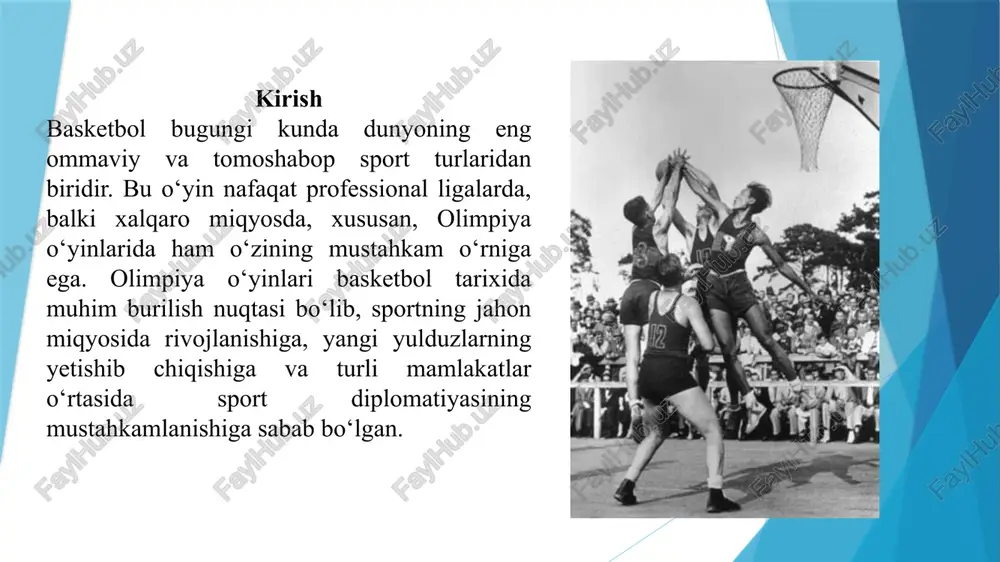 basketbolni xalqaro sport sifatida tan olish uchun mustahkam poydevor yaratdi. aynan shu davrda xalqaro basketbol federatsiyasi — fiba (fédération internationale de basketball amateur) 1932-yilda tashkil etildi. fiba tashkil topganidan so‘ng, basketbolni olimpiya o‘yinlari dasturiga kiritish masalasi faol ravishda ko‘tarila boshlandi. o‘sha paytda olimpiya qo‘mitasi yangi sport turlariga ehtiyotkorlik bilan yondashar edi, chunki har bir sport turi uchun maxsus qoidalar, hakamlar tizimi va xalqaro ishtirokchilar zarur edi. fiba esa bu masalada katta tashkiliy ishlar olib borib, basketbolning xalqaro standartlarini yaratdi — maydon o‘lchami, o‘yin vaqti, to‘p hajmi, hakamlik me’yorlari aniq belgilab qo‘yildi. natijada, 1936-yilda germaniyaning berlin shahrida o‘tkazilgan yozgi olimpiya o‘yinlari basketbol tarixidagi eng muhim bosqich bo‘ldi. aynan shu olimpiadada basketbol ilk bor rasmiy sport turi sifatida kiritildi. bu o‘yinlarda 21 mamlakat ishtirok etdi, jumladan aqsh, kanada, meksika, italiya, filippin, ispaniya, estoniya, latviya kabi davlatlar o‘z jamoalari bilan qatnashishdi. o‘sha paytda o‘yinlar ochiq maydonda, hatto yomg‘ir ostida o‘tkazilgan. shunga qaramay, musobaqa …