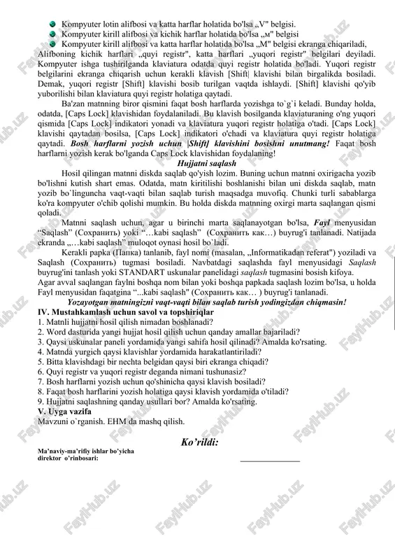 mazkur klavishlarning klaviaturada joylashish tartibini qanchalik yaxshi bilsangiz, matn terish shunchalik oson bo'ladi. buning uchun kerakli belgili klavishlarni ketma-ket bosish kifoya. bosilgan klavishga mos belgi ishchi maydonining yurgich (kursor) ko'rsatib turgan yeriga yoziladi va yurgich bir o'rin o'ngga suriladi. yodingizda bo'lsa, kursor harakatini boshqaruvchi yana bir nechta klavishalar bor. ulardan eng muhimi [enter] klavishidir. [enter] klavishi bosilganda yurgich keyingi qator boshiga ko'chadi. bu esa matnda abzas tugab, yangi abzas boshlanganini bildiradi. yurgichni „chapga”, „o'ngga”, „yuqoriga”, „pastga” yo'nalish klavishlari mos ravishda chapga, o'ngga, yuqoriga va pastga siljitadi. ba’zi klavishlarda ikkita yoki uchta belgining tasviri tushirilgan bo'ladi: bu klavishlarni bosganda, unda tasvirlangan belgilardan qaysi biri ekranga chiqarilishi kompyuter va klaviatura qaysi holatda ishlayotganiga bog'liq. masalan, [vm] klavishi bosilganda ekranga to'rt xil belgidan bittasi chiqariladi: · kompyuter lotin alifbosi va kichik harflar holatida bolsa „v" belgisi. · kompyuter lotin alifbosi va katta harflar holatida bo'lsa „v" belgisi. · kompyuter kirill alifbosi va kichik …