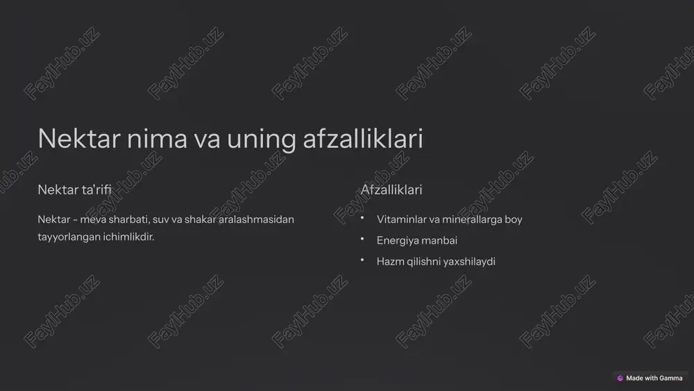 ktari 3 banan nektari 4 turli mevalardan nektar tayyorlash mumkin. har bir mevadan o'ziga xos ta'm va xususiyatlarga ega nektar olinadi. xulosa va tavsiyalar mevalardan nektar tayyorlash - foydali va mazali mahsulot olishning ajoyib usuli. sifatli xom ashyo va to'g'ri texnologiyaga rioya qilish muhimdir. uy sharoitida ham nektar tayyorlash mumkin. tajriba o'tkazing va o'zingizga yoqqan retseptlarni toping. image1.png image2.png image7.png image8.png image9.png image10.png image11.png image12.png image13.png image14.png image3.png image4.png image15.png image16.png image17.png image18.png image5.png image6.png image19.png