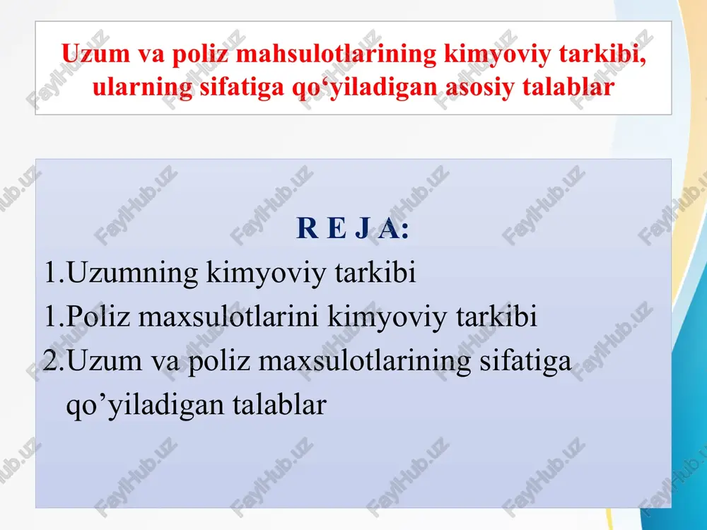lotlarining kimyoviy tarkibi uglevodlar. sabzavot va poliz maxsulotlari quruqlik moddasining asosiy qismini uglevodlar, kraxmal, shakar, kletchatka xamda pektinli moddalar tashkil qiladi. ularning ta’mi, mazasi, yumshoq qattiqlik darajasi va boshqa bir qator xususiyatlari tarkibidagi uglevodlarning miqdoriga va o’zgarishiga bog’liq. kraxmal zapas oziq modda bo’lib, kartoshkada eng ko’p, dukkakli sabzavotlarda, sabzi, kechki nav qovunlarda va boshqa o’simlik maxsulotlarida uchraydi. ko’p sabzavotlar pishish davrida tarkibidagi kraxmal miqdori kamayib boradi. kechki qovun navlari va ba’zi sabzavot turlari saqlab qo’yilganda shirasi ortib qolishining sababi ular tarkibidagi kraxmalning shakarga aylanishidandir. pishgan qovun tarkibida kraxmal deyarli uchramaydi. qovoq tarkibida kraxmal juda ko’p to’planadi. lavlagi, qovun, piyoz va sabzi tarkibida saxaroza, tarvuz, bodring, karam va qovoqda glyukoza miqdori ko’p bo’ladi. karam, pomidor va baqlajonda fruktoza ko’p bo’ladi. poliz maxsulotlari tarkibidagi moddalarning asosiy qismi uglevodlarga to’g’ri keladi. uglevoddardan glyukoza, fruktoza va saxaroza kabi eruvchan qand moddasi ko’p uchraydi. qovun tarkibidagi qand moddasining yarmi saxarozaga to’g’ri keladi. qovunning qishki navlarida …