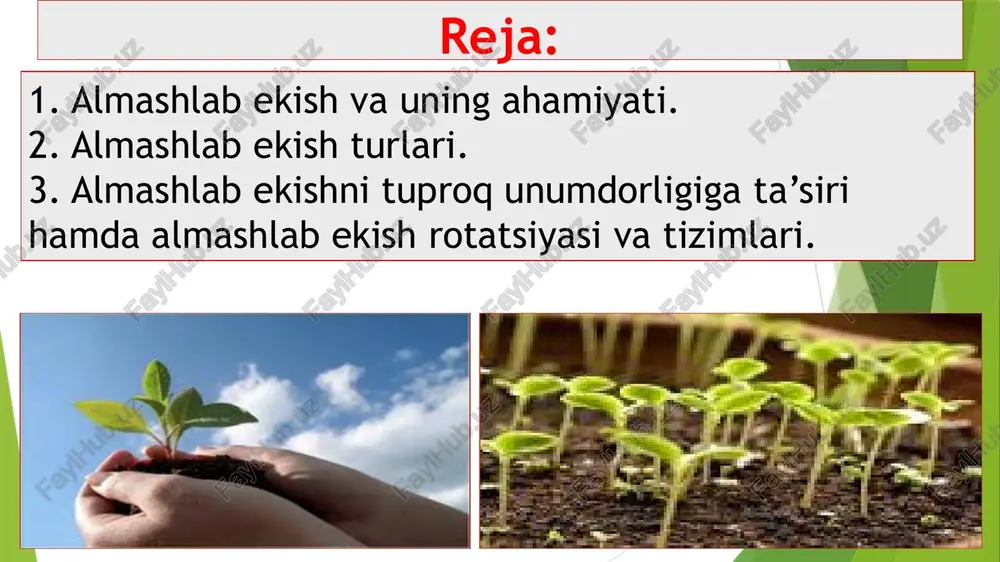 lar samaradorligi 30-40% oshadi suv 10-25% gacha tejaladi tuproqda tuz to‘planishini kamaytiradi ekinlarning hosildorligi 10-35% gacha oshadi xar xil ekinlarni oziq elementlarini o’zlashtirishi g’alla ekinlari ko’p miqdorda fosforni ildiz mevalilar kaliyni dukkaklilar fosfor va kaliyni texnik ekinlar azot va fosforni respublikamizning sug’oriladigan yerlarida qo’llaniladigan almashlab ekish turlari. almashlab ekish, olinadigan mahsulotlarning turiga qarab 3 turga bo’linadi 1. dala almashlab ekish- (don va tehnika ekinlarini yetishtirishga mo’ljallangan). ular asosan bug‘doy, g‘o‘za, zig‘ir va hokoza ekinlardir. 2. em-xashak almashlab ekish- (asosan yem-xashak ekinlari va sabzavot, poliz kartoshka yetishtirish mo’ljallangan). 3. maxsus almashlab ekish- ekinlar kasalligini oldini olish va qarshi kurashga, tuproq muhofazasiga va melioratsiyasiga mo’ljallangan). bunday ekinlarga sholi, sabzavot, poliz, tamaki, kartoshka, kanop va boshqalar kiradi. dalalarni navbatlab joylashtirish lalmikor sharoitda don-shudgor almashlab ekish qo’llaniladi. almashlab ekishda ekinlar malum dalalarda navbatlanish tartibi buyicha joylashtiriladi, bunda dalalar soni 2-4 dan 10-12 tagacha bo‘ladi. masalan, 10 dalali almashlab ekish bo‘lsa, dalalar 10 ta bo‘lib, …