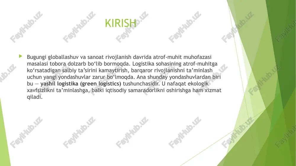 sifatini oshiradi; yashil ish o‘rinlarini yaratadi. yashil logistikaning ahamiyati yashil logistika nafaqat korxonalar, balki jamiyat va davlat uchun ham katta ahamiyatga ega: atrof-muhit muhofazasiga xizmat qiladi. iqlim o‘zgarishi, global isish va biologik xilma-xillikning kamayishi kabi muammolarni yumshatishda logistikada yashil yondashuv hal qiluvchi ahamiyat kasb etadi. barqaror rivojlanish strategiyalarining bir qismidir. yashil logistika bmtning barqaror rivojlanish maqsadlariga muvofiq tarzda ishlab chiqilgan strategiyalarni amalga oshirishga yordam beradi. raqobatbardoshlikni oshiradi. ekologik standartlarga javob beruvchi kompaniyalar jahon bozorida ko‘proq afzalliklarga ega bo‘ladi. yashil logistika tizimini amaliyotga joriy etish uchun bir qator strategik, texnologik va tashkiliy choralarni amalga oshirish zarur. quyida “yashil logistikaga qanday qilib erishish mumkin?” degan savolga bosqichma-bosqich javob beriladi 1. ekologik audit va tahlilni o‘tkazish korxona logistika faoliyatining atrof-muhitga ta’sirini aniqlash;asosiy chiqindi manbalarini, energiya sarfini va ifloslanish omillarini aniqlash;kamchiliklarni tahlil qilish asosida strategik reja ishlab chiqish. ✅ 2. transport tizimini optimallashtirishenergiyani kam sarflaydigan transport vositalaridan foydalanish (masalan, elektrotransport, hibrid avtomobillar);yo‘l marshrutlarini optimallashtirish …