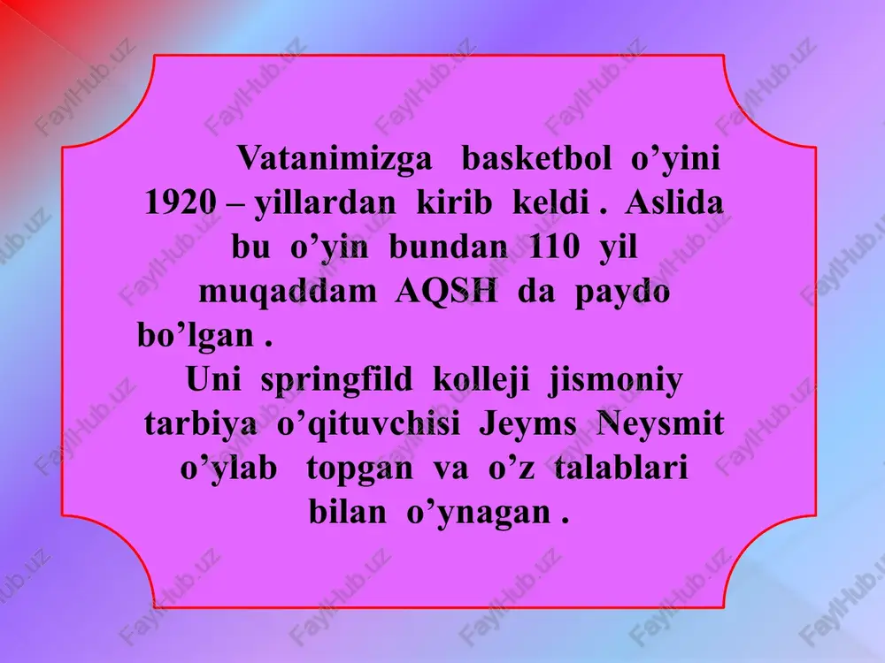 hi zarur himoya taktikasi : himoya taktikasining maqsadi : hujum harakatlariga to’sqinlik qilish hamda savatga to’p tushushini oldini olish . buning uchun hujumning dastlabki vaqtidayoq to’pni olib qo’yish yoki hujumchilarga har qanday holatda ham savatga to’p tashlashlariga to’sqinlik qilish . yakka holdagi himoya taktikasi usulida ; himoyachi to’p bilan harakatlanayotgan hujumchi . to’psiz hujumchi , qulay vaziyatdagi hujumchilarga qarshi harakatlanadi . bu himoya usulining samarasi hujum uyushtirilishi mumkin bo’lgaan joylarni to’g’ri tanlashga bog’liqdir . guruh holdagi himoya taktikasi ; bu himoya usulida hamma himoyachilar o’zining zonasidagi hujumchilarni kutib olish shu zonada hujumchilar harakatini bartaraf qilish va to’pni egallab olishga harakat qiladi . bunda himoyachiga yordam berish usuli ham qo’llaniladi . buning uchun kuchli hujumchini qo’riqlayotgan himoyachi ortidan yana bitta himoyachi harakatlanadi . basketbol musobaqalari : 2000 yil qoidaqlariga asosan musobaqalar 4 taymda o’tkazilib , har bir taym 10 mi – nut davom etadi . birinchi taym orali – g’idagi tanaffus …