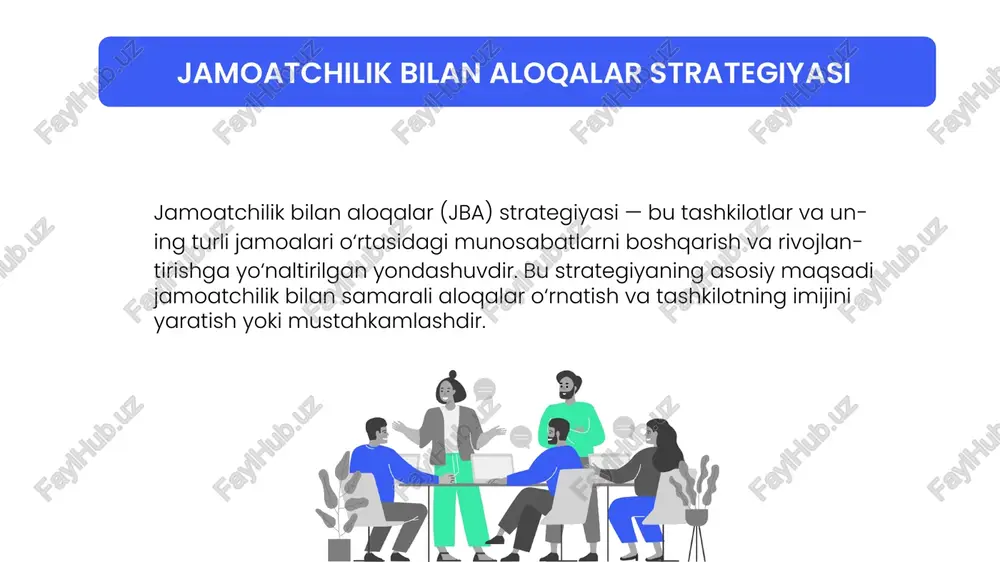 ini yaratish va mustahkamlash 3 4 presentation template by jba strategiyasining samaradorligini o‘lchash va baholash muhimdir. buning uchun auditoriyaning fikr-mulohazalari, ommaviy axborot vositalaridagi yangiliklar, ijtimoiy tarmoqlardagi izohlar va boshqa mezonlar tahlil qilinadi. tashkilot o‘z strategiyasini doimiy ravishda qayta ko‘rib chiqib, zarur bo‘lsa, o‘zgartirishlar kiritishi kerak. monitoring va baholash bugungi kunda jamoatchilik bilan aloqalar strategiyasida ijtimoiy tarmoqlar va raqamli kommunikatsiyaning o‘rni katta. facebook, instagram, twitter, linkedin kabi platformalarda faoliyat yuritish tashkilotning maqsadlariga erishishda muhim vositadir.tashkilot o‘zini tarmoqda qanday namoyon qilishi, ularning auditoriyasiga qanday aloqalar o‘rnatishi haqida aniq strategiyaga ega bo‘lishi zarur. ijtimoiy tarmoqlar va digital kommunikatsiya 5 6 presentation template by "in the world of business, the people who are most successful are those who are good at public relations and building relationships." - donald trump presentation template by bu sitata shuni ta'kidlaydi-ki, biznesda muvaffaqiyatga erishgan odamlar faqat o‘z mahsulotlari yoki xizmatlari bilan emas, balki ularning jamoatchilik bilan aloqalarini va odamlar …