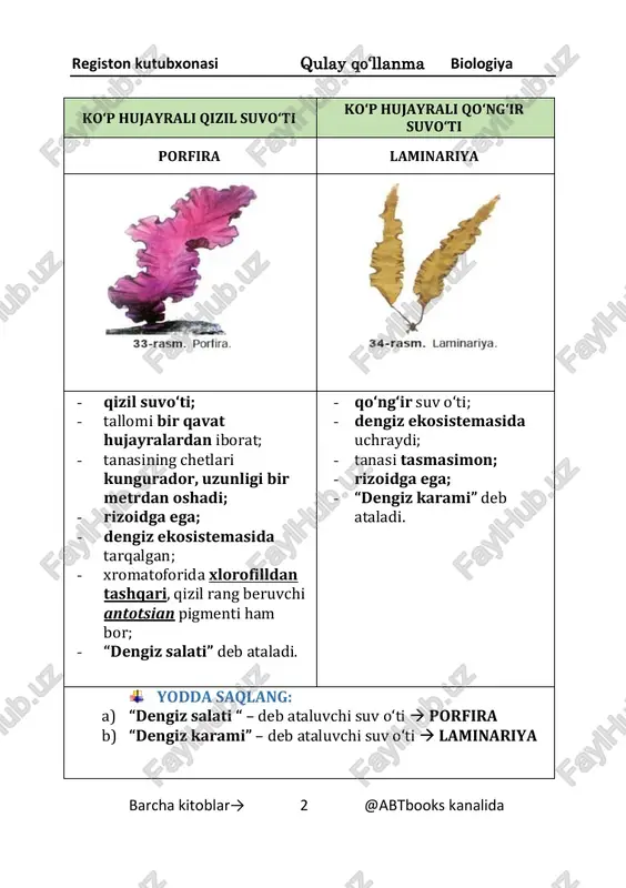iklar yopiq urug‘li o‘simliklar registon kutubxonasi qulay qo‘llanma biologiya barcha kitoblar→ 4 @abtbooks kanalida qirqbo‘g‘imlar poya va barglari ko‘p bo‘g‘imlarga bo‘linganligi sababli shunday nomlangan. ular yo‘sinlardan farq qilib, ildiz va ozuqa to‘playdigan ildizpoyaga ega.  dala qirqbo‘g‘imi ikki xil poya hosil qiladi. a) bahorgi poya - qo‘ng‘ir rangdagi mevali poya hisoblanadi. - mevali poyaning uchki qismida boshoq hosil bo‘ladi, unda spora yetiladi. b) yozgi poya - yashil, nozik va mevasiz poya hisoblanadi. - mevasiz poya fotosintez qilib, ildizpoyada ozuqa to‘playdi.  dala qirqbo‘g‘imining yashil poya va barglaridan (yozgi poyasidan) tayyorlangan damlama siydik haydovchi vosita sifatida qo‘llaniladi. registon kutubxonasi qulay qo‘llanma biologiya barcha kitoblar→ 5 @abtbooks kanalida hayvonot dunyosi hayvonlarning tuzilishi hayvonlarning o‘ziga xosligi geterotrof oziqlanadi asab tizimi taraqqiy etgan erkin harakatlana oladi hujayra turli xil shaklga va vazifaga ega hujayralar to‘qima 1) qoplovchi to‘qima 2) biriktiruvchi to‘qima 3) nerv to‘qimasi 4) muskul to‘qimasi organ 1) yurak 2) buyrak 3) o‘pka …
