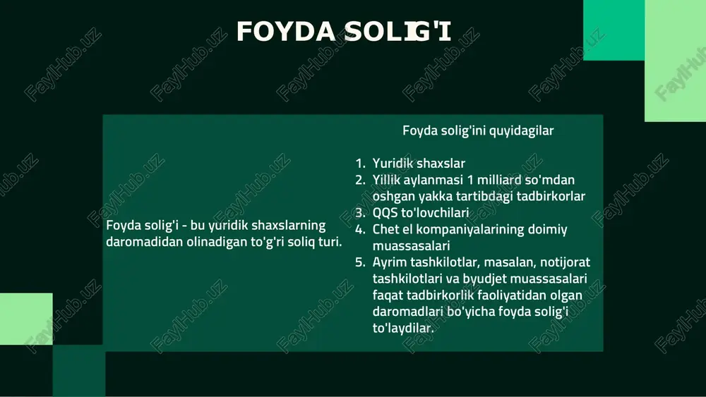 oqa operatorlari uchun - 20% sement ishlab chiqaruvchilar uchun - 20% polietilen granulalar ishlab chiqaruvchilar uchun - 20% ushbu barcha faoliyatlar turlari uchun foyda solig'i stavkasi 20% ni tashkil etadi. bu ma'lumotlar o'zbekiston respublikasi soliq kodeksining 337- moddasida belgilangan bu yuqori stavkalar quyidagi sabablar bilan izohlanadi: banklar va mobil aloqa operatorlari - yuqori daromadli sektorlar hisoblanadi. sement va polietilen granulalar ishlab chiqarish - strategik ahamiyatga ega sanoat tarmoqlari. bu stavkalar davlat tomonidan iqtisodiyotni tartibga solish va byudjet daromadlarini shakllantirish maqsadida belgilangan. soliq davri foyda solig'i uchun soliq davri - bu kalendar yil. bu o'zbekiston respublikasi soliq kodeksining 339-moddasida belgilangan. asosiy qoidalar: soliq davri 1-yanvardan 31-dekabrgacha bo'lgan davrni o'z ichiga oladi. yuridik shaxslar uchun hisobot davri - chorak (har uch oy). yillik soliq hisoboti keyingi yilning 15-fevraligacha topshirilishi kerak. choraklik bo'naklar to'lanadi, so'ngra yil yakunida yakuniy hisob-kitob qilinadi. yangi tashkil etilgan korxonalar uchun birinchi soliq davri ular ro'yxatdan o'tgan kundan yil …