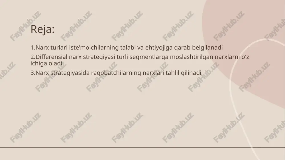tirishga yordam beradi. • bozor segmentlarini o'rganish - bozor segmentlaridagi iste'mol xarakteristikasini baholash, raqobatchilarning takliflarini tahlil qilish bilan uzviy bog'liq. • strategiyaning muvaffaqiyati uchun asos - raqobatchilar narxi tahlili asosida tuzilgan strategiya kompaniyani bozor sharoitlariga moslashtirishga yordam beradi. bozorni segmentatsiya qilish narx strategiyasining muhim qismidir • bozorni segmentatsiya nima - bozor segmentatsiyasi - bozorni iste'molchilarning turli guruhlariga bo'lish jarayoni. bu guruhlar ehtiyoj, xohish va xulq-atvorlariga asoslangan holda ajratiladi, bu marketing strategiyasini optimallashtirishga yordam beradi. • segmentatsiya narxdagi rol - narx strategiyasini ishlab chiqishda segmentatsiya muhim ahamiyatga ega. har bir segment uchun to'g'ri narxni aniqlash mahsulotni samarali targ'ib qilish va xaridorni jalb qilish imkonini beradi. narxni belgilashda mahsulotning qiymati va sifatini hisobga olish kerak • mahsulot qiymatining ahamiyati - mahsulotning qiymati iste'molchilarga taqdim etayotgan foydaning iqtisodiy ifodasidir. bu omil narxni belgilashda asosiy rol o'ynaydi. mahsulotga yuqori qiymat berish uni yanada qadrli etadi. • sifat narxga ta'sir qiladi - mahsulotning sifati unga …