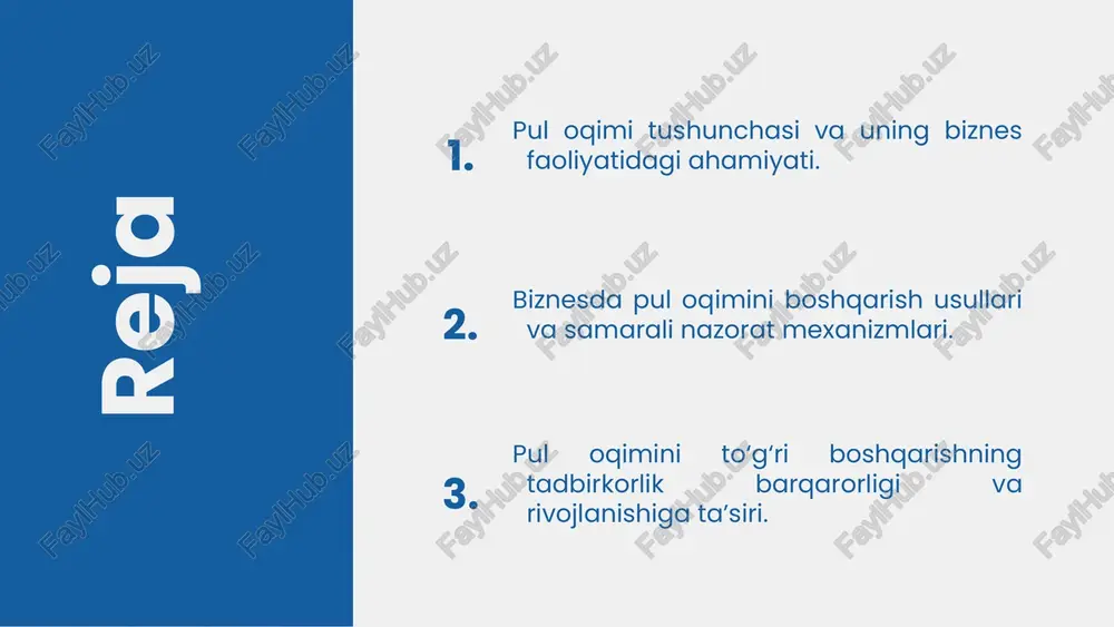 ga ega. bu, shuningdek, biznes rejalashtirish va rivojlantirishda asosiy rol o'ynaydi. pul oqimi va risklar pul oqimiga ta'sir qiluvchi risklar, jumladan likvidlik, bozor va kredit risklari mavjud. masalan, kutilmagan xarajatlar yoki daromadlarning pasayishi. risklarni boshqarish uchun likvidlikni ta'minlash, diversifikatsiya qilish va moliyaviy ehtiyot choralarini ko'rish muhimdir. pul oqimi risklarni kamaytirishda muhim rol o'ynaydi va qaror qabul qilishda asosiy omil hisoblanadi. risklarni baholash uchun pul oqimi tahlili va prognoz qilish usullari qo'llaniladi. 1 2 3 4 pul oqimini nazorat qilish pul oqimini nazorat qilishning asosiy maqsadi – kompaniyaning moliyaviy barqarorligini ta'minlash va likvidlikni boshqarishdir. bu jarayon orqali pul oqimining harakatini kuzatib borish, xarajatlar va daromadlarni muvofiqlashtirish, shuningdek, moliyaviy xavflarni aniqlash mumkin. nazorat mexanizmlari orasida budjetlash, moliyaviy hisobotlarni tahlil qilish va pul kirim-chiqimlarini rejalashtirish mavjud. zamonaviy texnologiyalar pul oqimini nazorat qilishda muhim rol o'ynaydi. bu texnologiyalar yordamida avtomatlashtirilgan moliyaviy tizimlar, onlayn bank xizmatlari, va analitik dasturlar pul oqimini real vaqtda kuzatishga imkon …