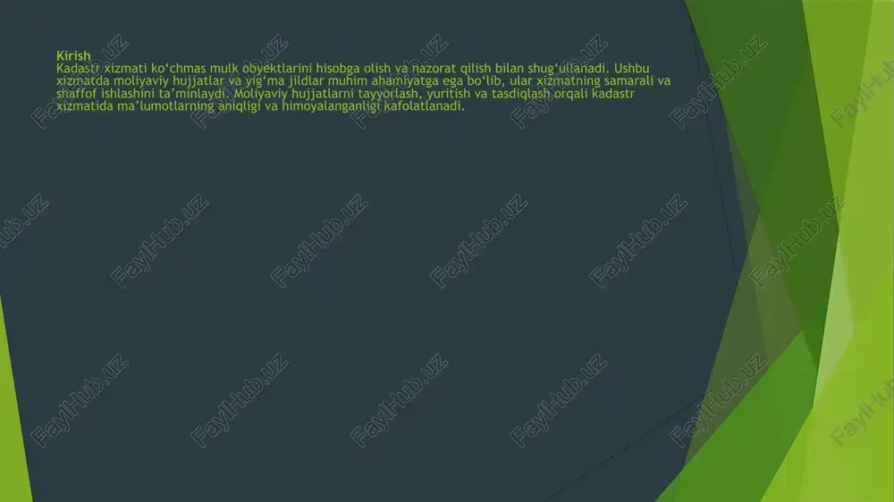 ko‘chmas mulk obyektlariga oid ma’lumotlarni yig‘ish (yer maydoni, egasi, qiymati, soliq ma’lumotlari). axborot tizimiga ma’lumotlarni kiritish. elektron shaklda yig‘ma jildni shakllantirish. tayyorlangan hujjatlarni tekshirish va tasdiqlash. ma’lumotlarni himoyalash va arxivlash. bosqich № bosqich nomi tavsifi 1 ma’lumotlarni yig‘ish ko‘chmas mulk obyektlariga oid barcha ma’lumotlarni to‘plash 2 ma’lumotlarni kiritish axborot tizimiga barcha ma’lumotlarni elektron shaklda kiritish 3 yig‘ma jildni shakllantirish elektron yig‘ma jildni yaratish va barcha kerakli hujjatlarni birlashtirish 4 tekshirish va tasdiqlash hujjatlarning to‘g‘riligini tekshirish, yangilash va rahbariyat tomonidan tasdiqlash 5 himoyalash va arxivlash ma’lumotlarni xavfsiz saqlash va kelajakda foydalanish uchun tayyorlash axborot tizimi orqali elektron yig‘ma jild tayyorlash bosqichlari tayyorlangan kadastr yig‘ma jildi – bu ko‘chmas mulk obyektlariga oid barcha ma’lumotlarni birlashtirgan rasmiy hujjat bo‘lib, uning aniqligi, to‘liqligi va xavfsizligi kadastr xizmatining ishonchliligi uchun muhimdir. shu sababli yig‘ma jildni tekshirish, yangilash va himoya qilish bosqichlari qat’iy nazorat ostida amalga oshiriladi. jarayonning asosiy bosqichlari: tekshirish ma’lumotlarning to‘liqligi va aniqligini solishtirish …
