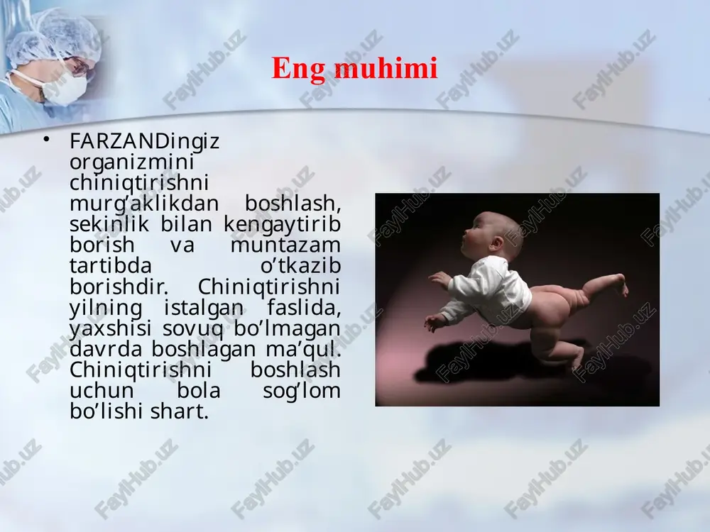 d etish, uqalash yoki badanni quruq artish bilan birgalikda olib boriladi. agar bu tadbir muntazam olib borilsa, vanna muddatini har 5 kunda 2 daqiqaga uzaytirib boorish mumkin. havo vannasini kunning birinchi yarmida, bola ovqatlangach, 1-2 soatdan keyin, kattaroq yoshlardagi bolalarda esa kunduzgi uyqudan so’ng, xullas bola eng yaxshi kayfiyatda bo’lgan paytda o’tkazish kerak. bunday havo vannalari kuniga 2-3 marta takrorlanadi. yozda esa 3-4 oylik bo’lgan bola shamol tegmaydigan soya joyga, ochiq havoga olib chiqish mumkin. umuman, bolaning yetarli darajada ochiq havoda bo’lishi, uning kun tartibining asosiy qismidir. agar havo harorati -5 gradusdan past bo’lmasa, bolani tug’ruqxonadan uyga kelgach, bir necha kundan keyinroq sof, ochiq havoga olib chiqmoq kerak. (10-15 daqiqadan boshlab, 2-3 soatgacha, kuniga kamida 2 marta) yoz faslida esa (ayniqsa harorat soyada 22 gradus dan oshmasa) bola soya va shamol tegmaydigan joyda ochiq havodan kun bo’yi bahramand bo’lsa yana ham yaxshi. agar bu tadbir ayvonda yoki daraxtlar soyasida o’tkazilsa, …