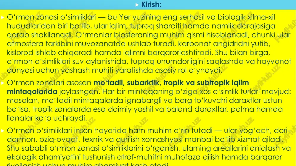 liklarining asosiy belgisi — doimiy yashil yoki barg to‘kuvchi daraxtlarning ustunligidir. ularning tanasi kuchli yog‘och to‘qimalardan tashkil topgan bo‘lib, bu ularga uzoq umr ko‘rish va baland o‘sishga imkon beradi. o‘rmonlarda ko‘pincha daraxtlar orasida botan, mox, paporotnik, buta va liana kabi o‘simliklar ham uchraydi. ular o‘rmonning tag qavatini tashkil qilib, o‘simliklar jamoasining xilma-xilligini oshiradi. o‘rmon zonasi o‘simliklari turlicha iqlim sharoitida o‘sadi, shuning uchun ularning turlari va ko‘rinishlari har xil bo‘ladi. masalan: •tropik o‘rmonlarda doimiy yashil, baland bo‘yli va keng bargli daraxtlar (palma, mahagoniya, kauchuk daraxti) ustunlik qiladi. •mo‘tadil mintaqalarda barg to‘kuvchi daraxtlar (eman, qayin, zarang) hamda ignabargli daraxtlar (archa, qarag‘ay, kedr) keng tarqalgan. •sovuq mintaqalarda esa asosan ignabargli o‘rmonlar — tayga zonasi (archa, kedr, qarag‘ay) o‘sadi.  1. o‘rmon zonasi o‘simliklarining asosiy turlari  o‘rmon zonalarida o‘simliklar ko‘pincha quyidagi asosiy guruhlarga bo‘linadi:  ignabargli o‘rmonlar (tayga zonasi o‘simliklari): bu o‘rmonlar asosan shimoliy kengliklarda joylashgan bo‘lib, sovuq iqlim sharoitiga moslashgan. asosiy turlari: …